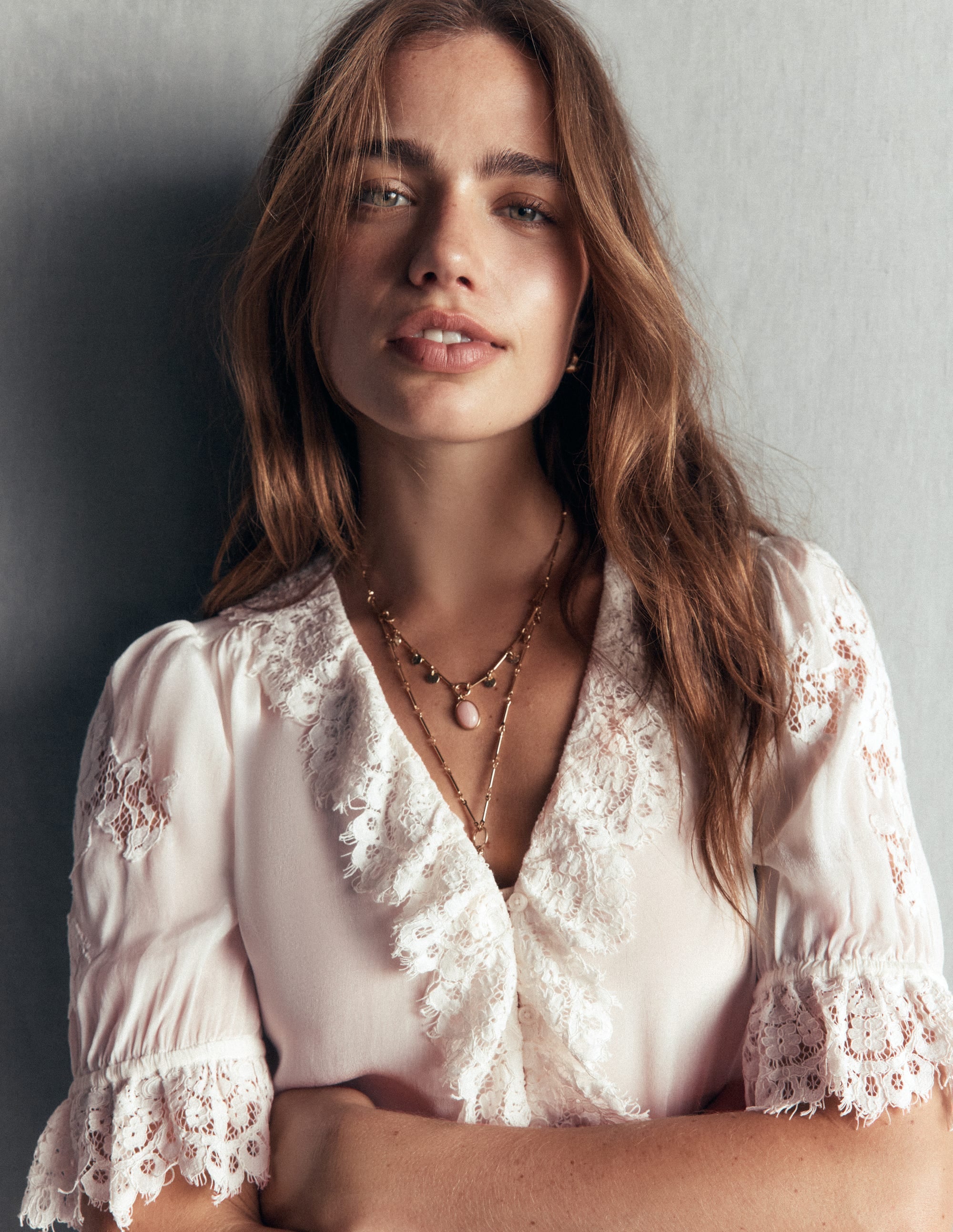 Ruffle V-neck Lace Top-Ivory - Image 1