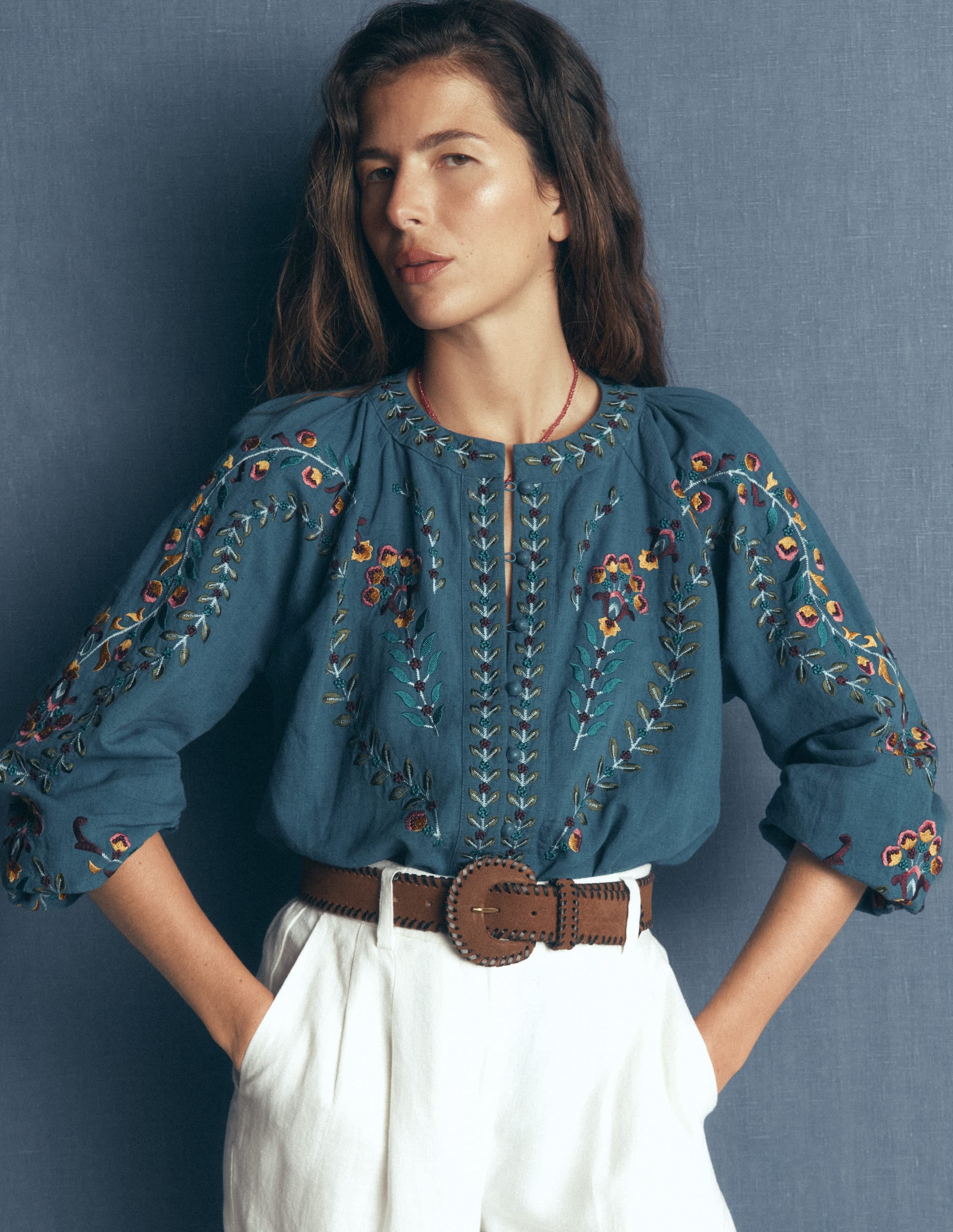 Raglan Embroidered Top-Mid Blue - Image 1