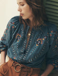 Raglan Embroidered Top-Mid Blue