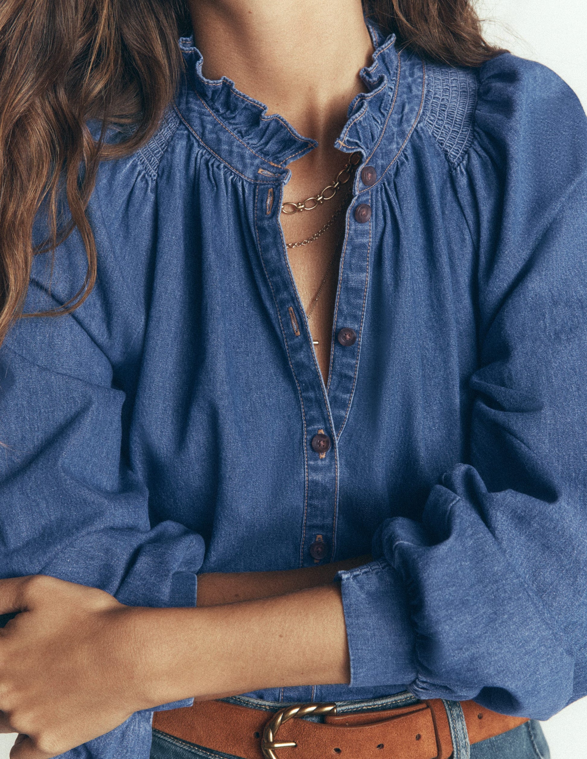 Erica Denim Frill Top-Mid Vintage-2