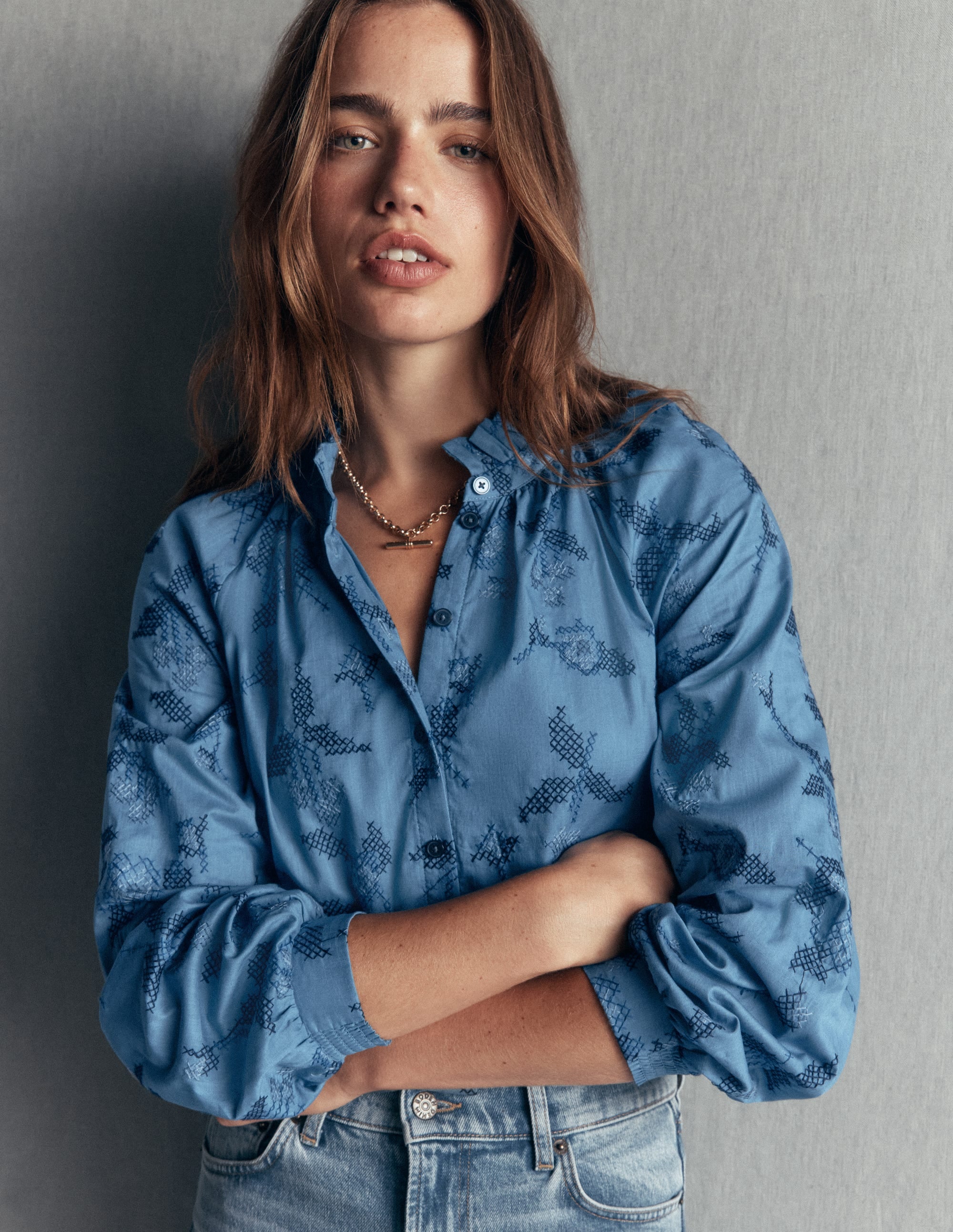 Erica Cotton Frill Top-Blue, Cross Stitch Floral - Image 1
