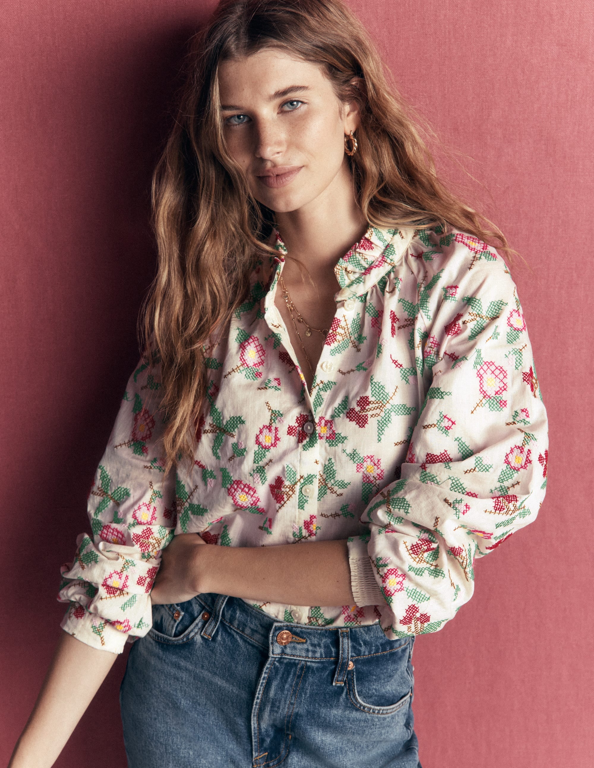 Erica Cotton Frill Top-White Cross Stitch Floral - Image 5