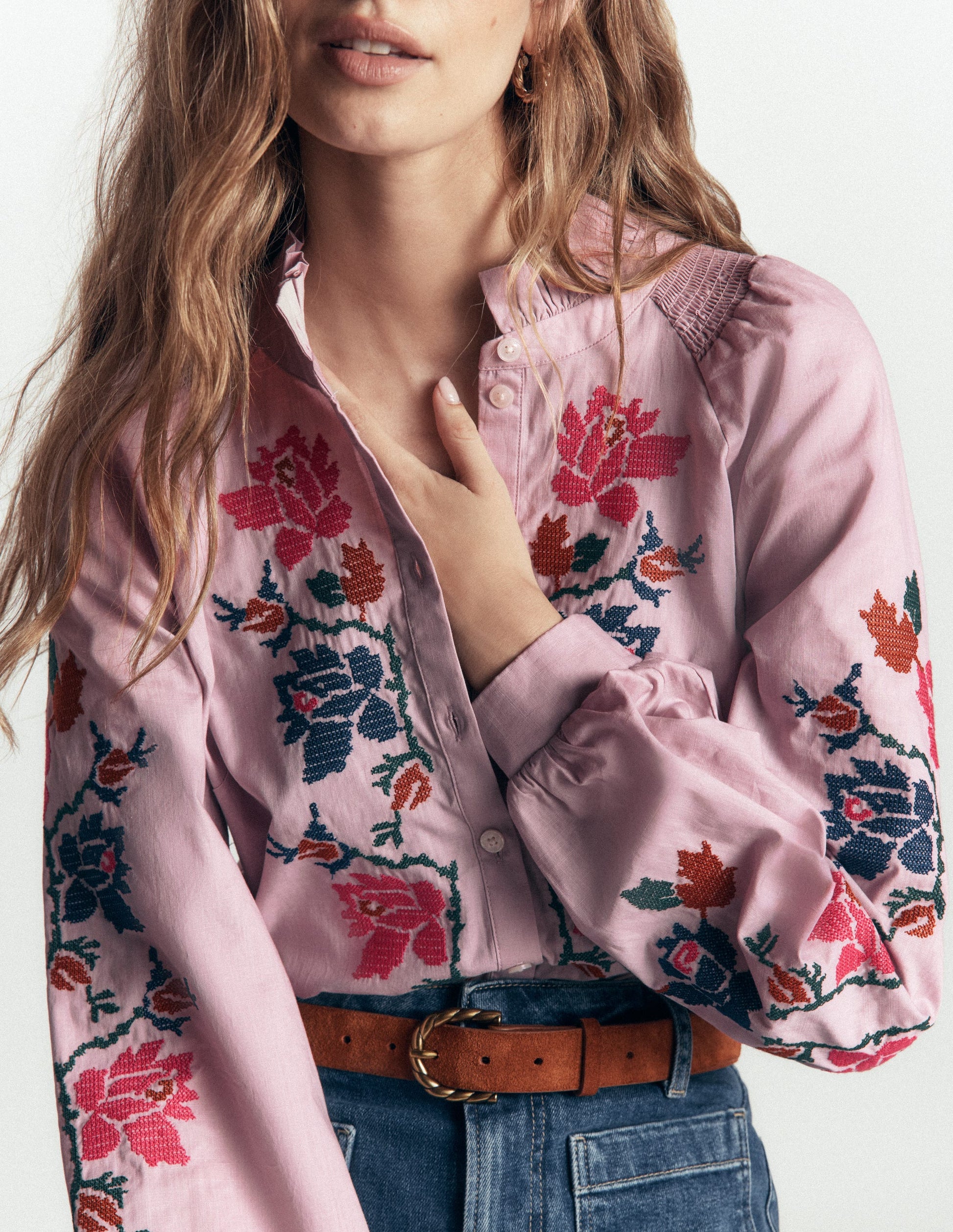 Erica Cotton Frill Top-Soft Pink, Embroidered Floral-4