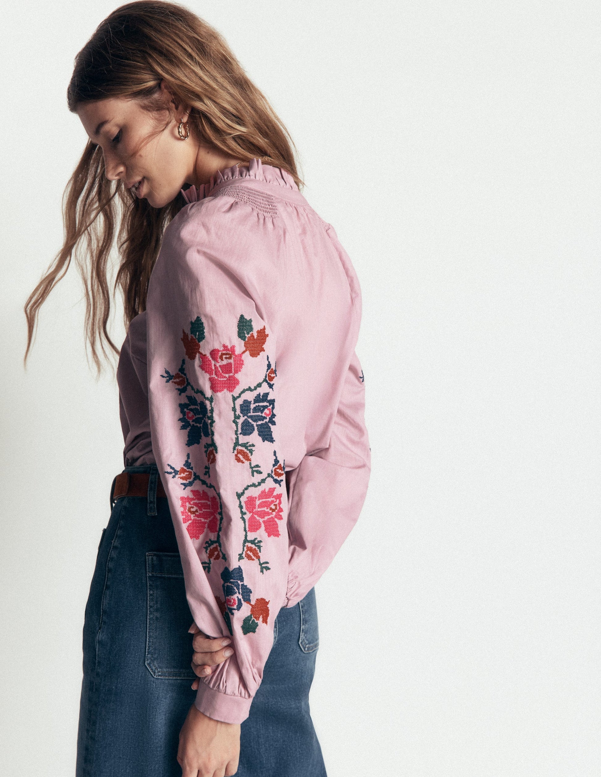 Erica Cotton Frill Top-Soft Pink, Embroidered Floral-5