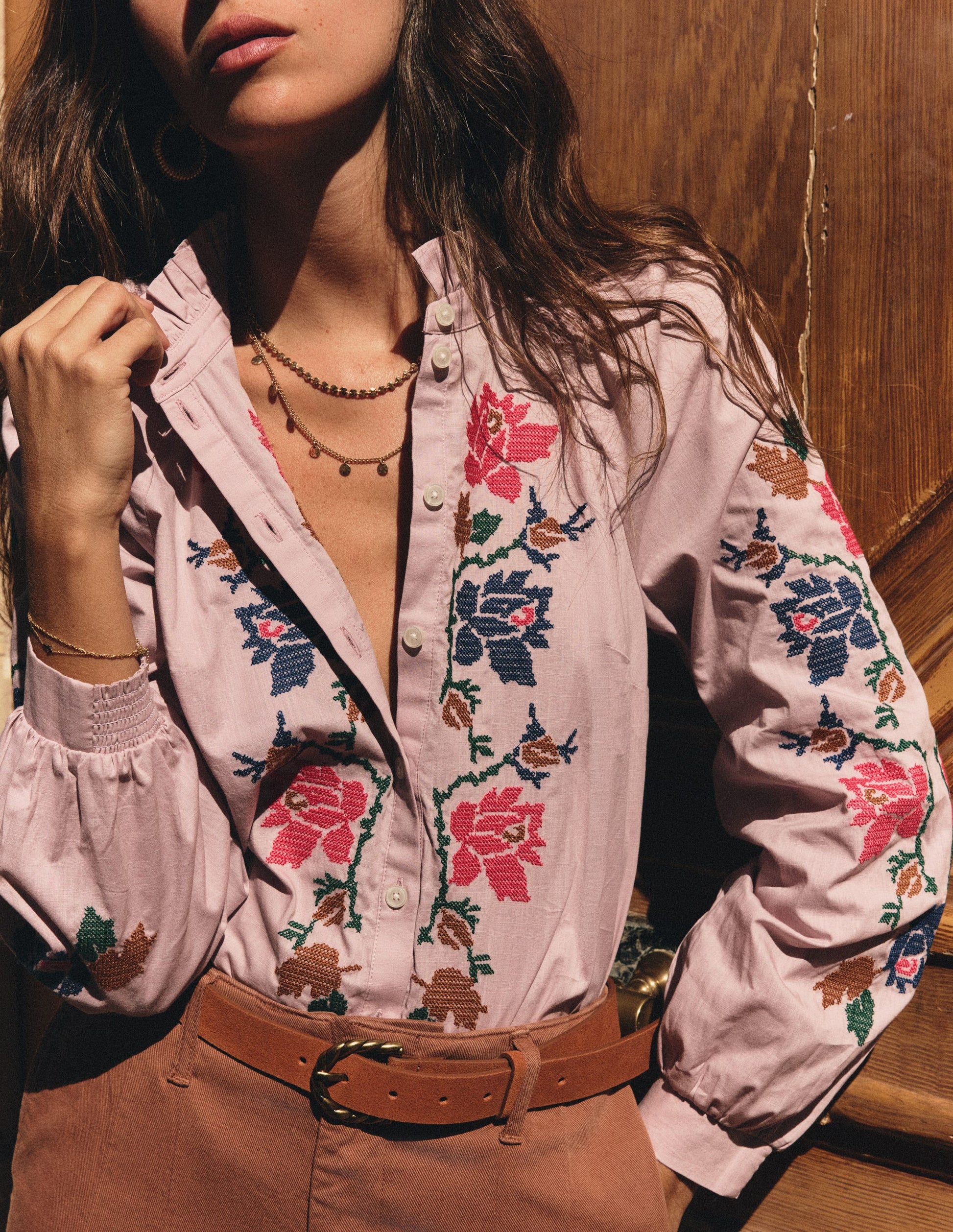 Erica Cotton Frill Top-Soft Pink, Embroidered Floral-1