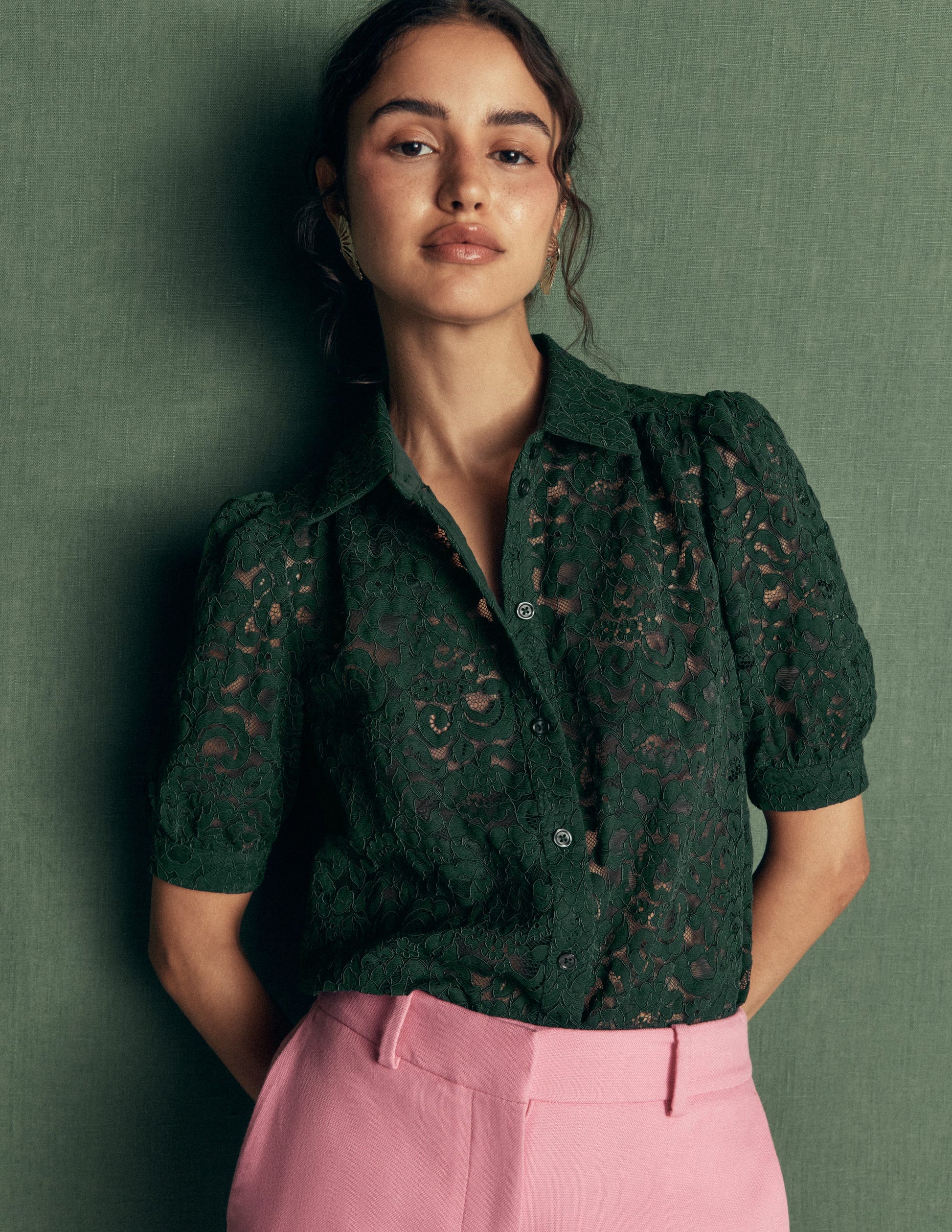 Penelope Lace Shirt-Dark Green-1