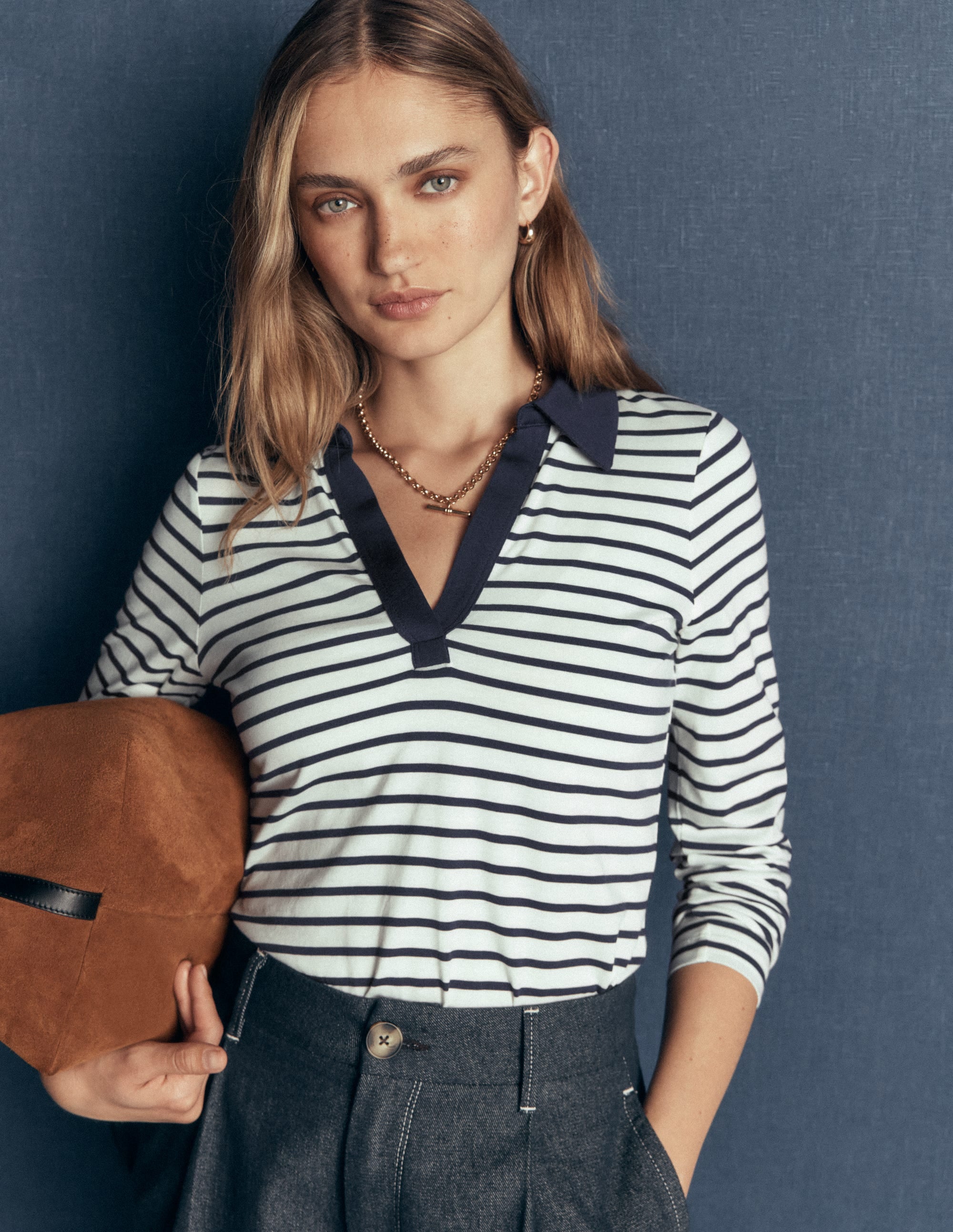 Open Collar Notch Neck-Ivory/ Navy Stripe - Image 1