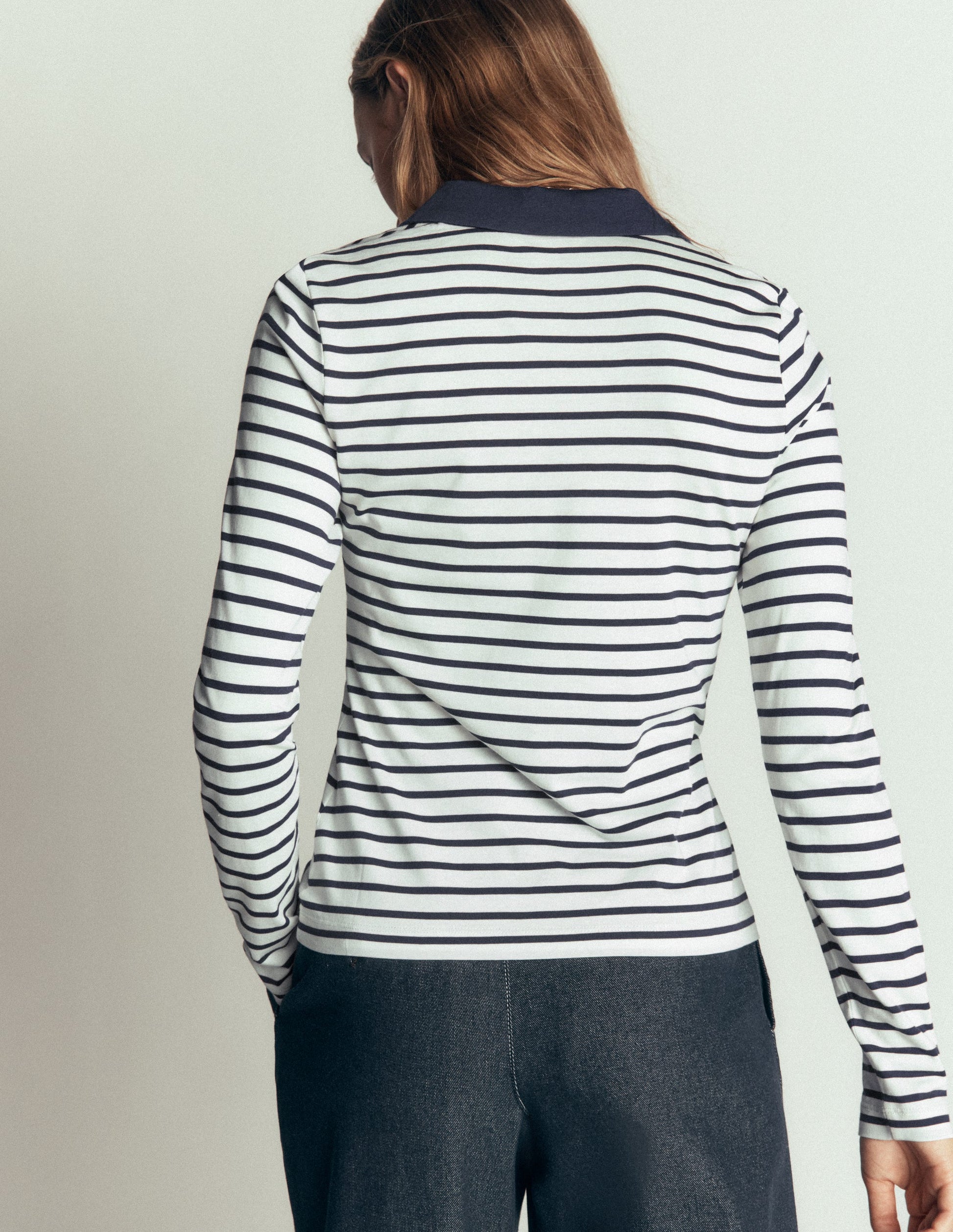 Open Collar Notch Neck-Ivory/ Navy Stripe-3