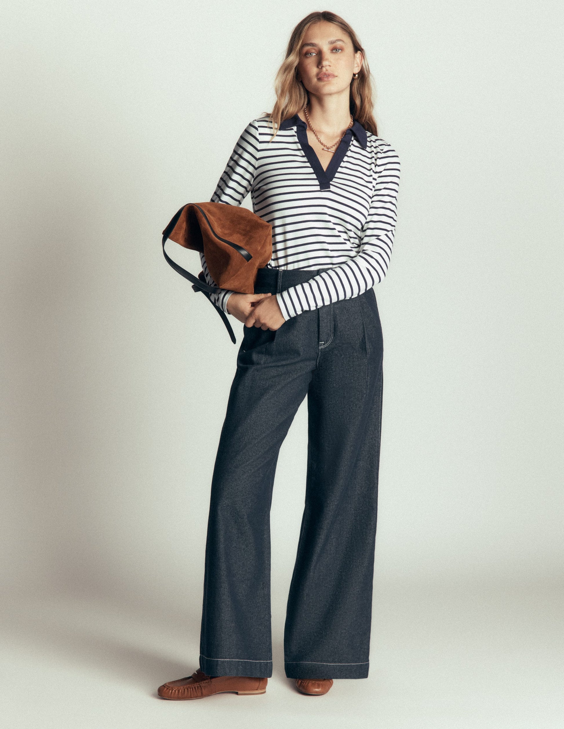 Open Collar Notch Neck-Ivory/ Navy Stripe-4