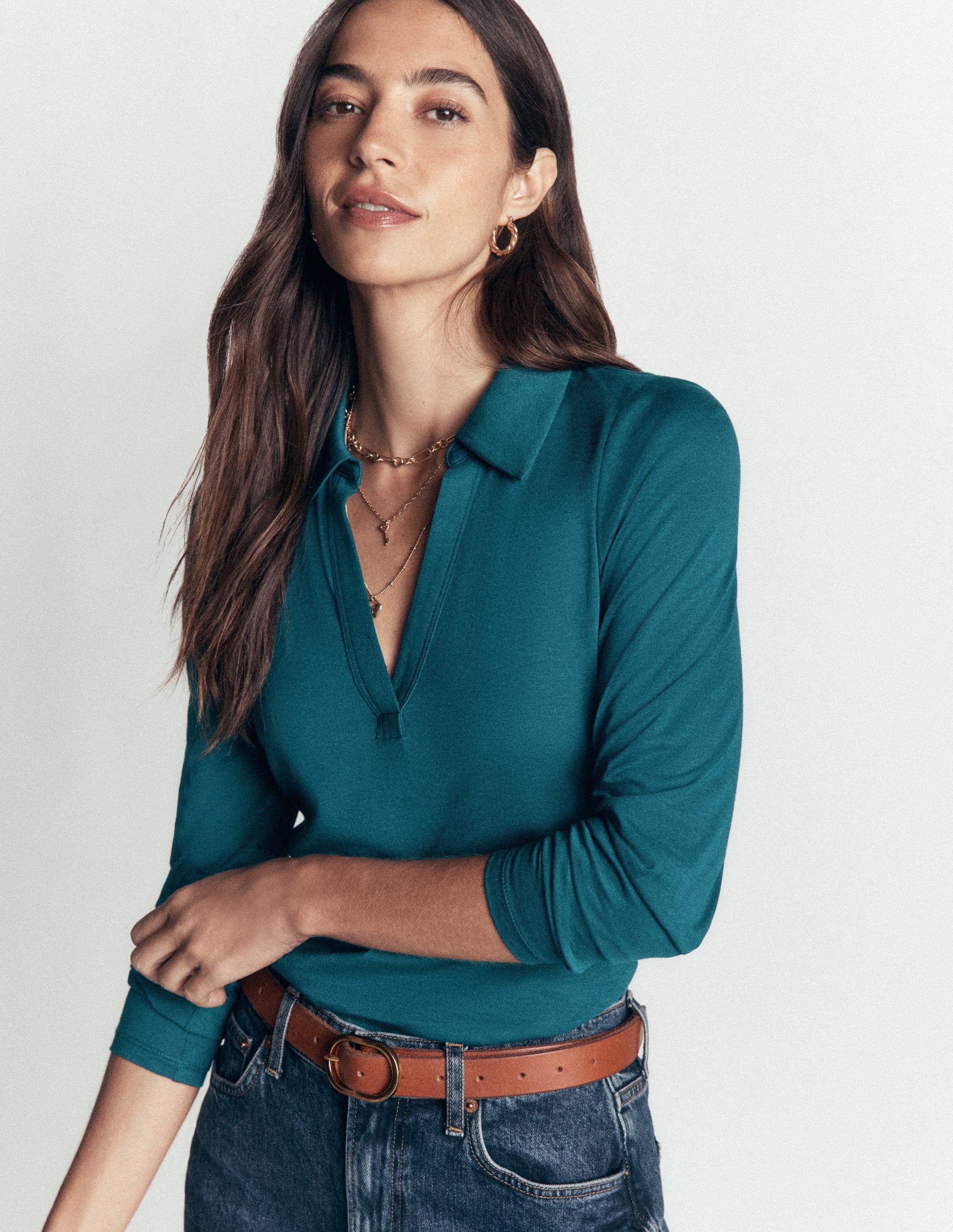 Open Collar Notch Neck-Midnight Teal - Image 2