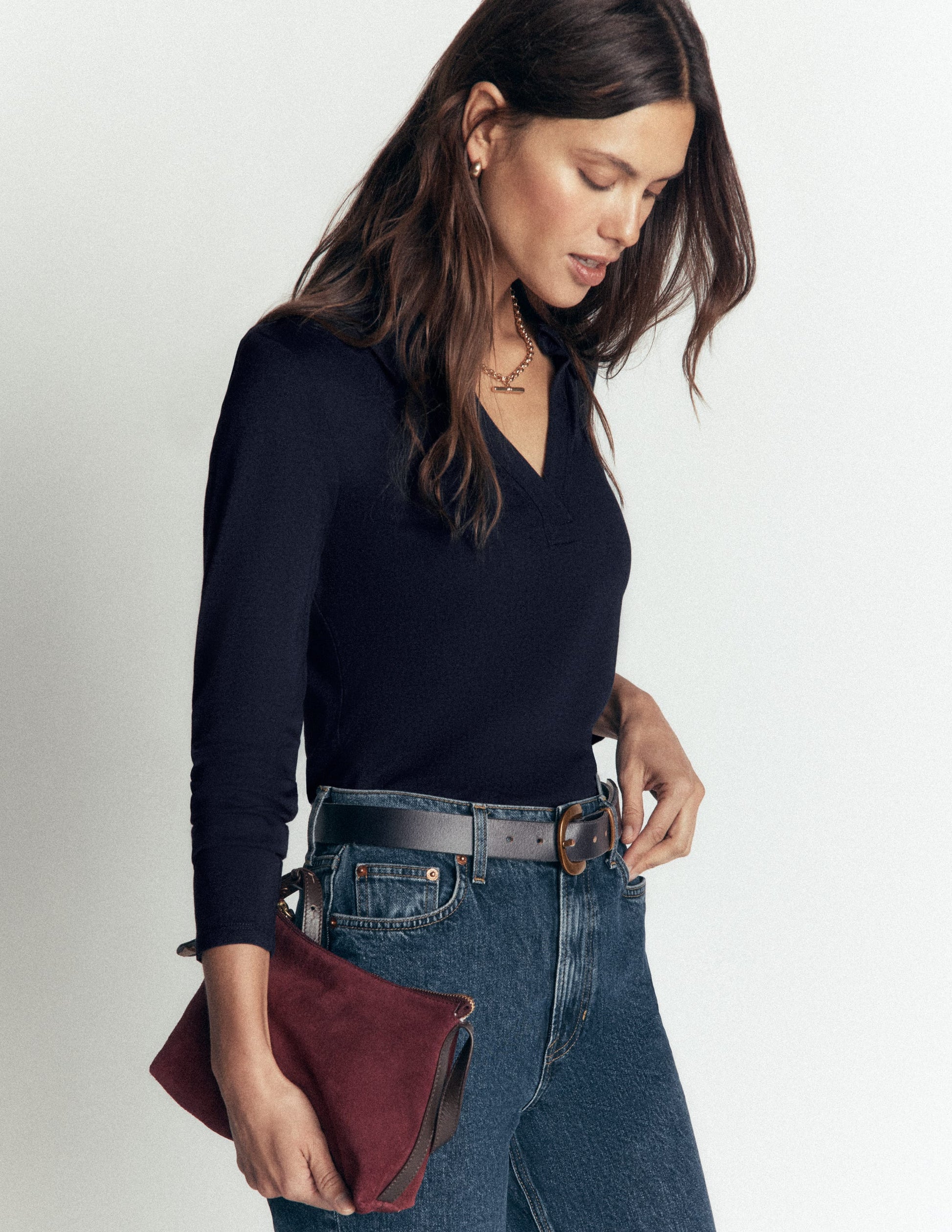 Open Collar Notch Neck-Navy-5