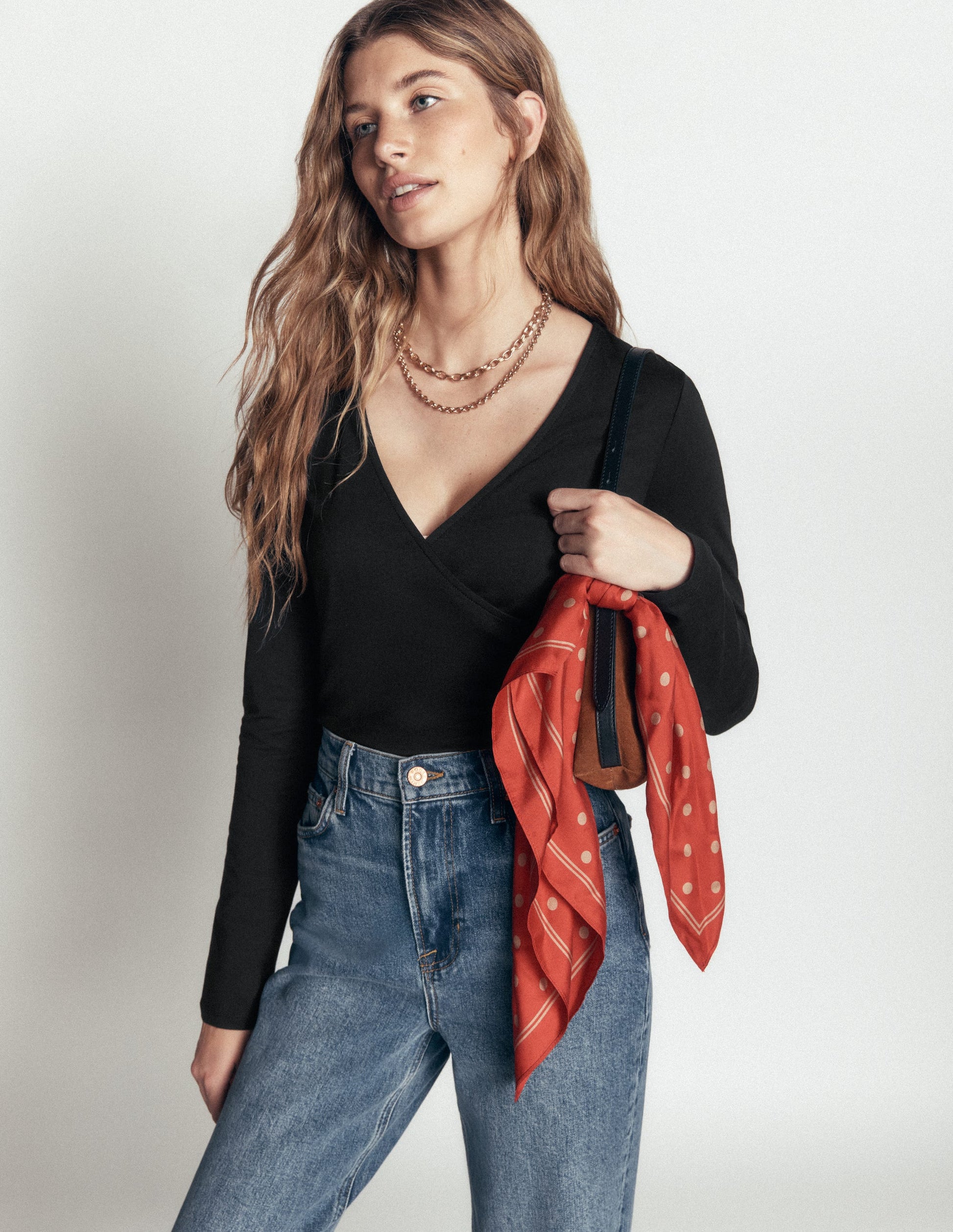 Ruched Long Sleeve Wrap Top-Black-5