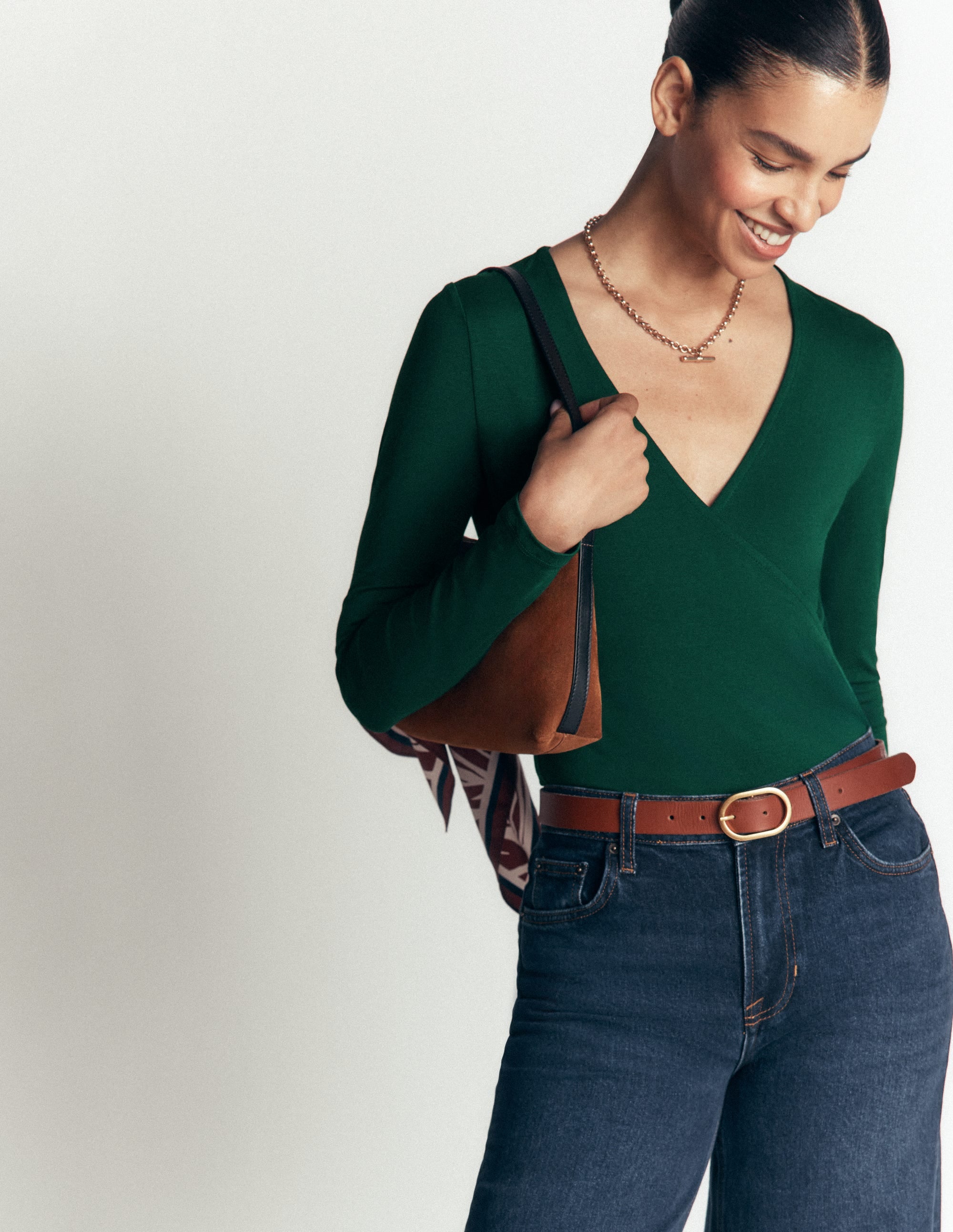 Ruched Long Sleeve Wrap Top-Emerald Night - Image 4