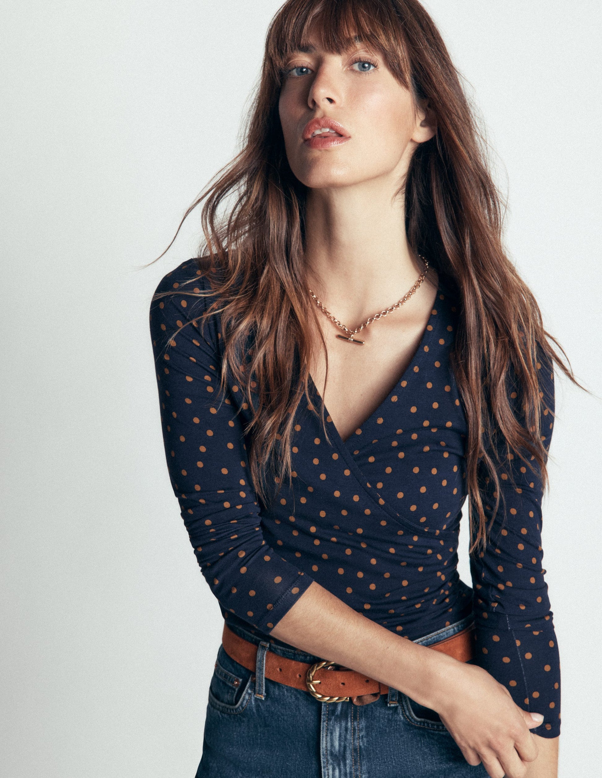 Ruched Long Sleeve Wrap Top-French Navy, Boden Spot-2