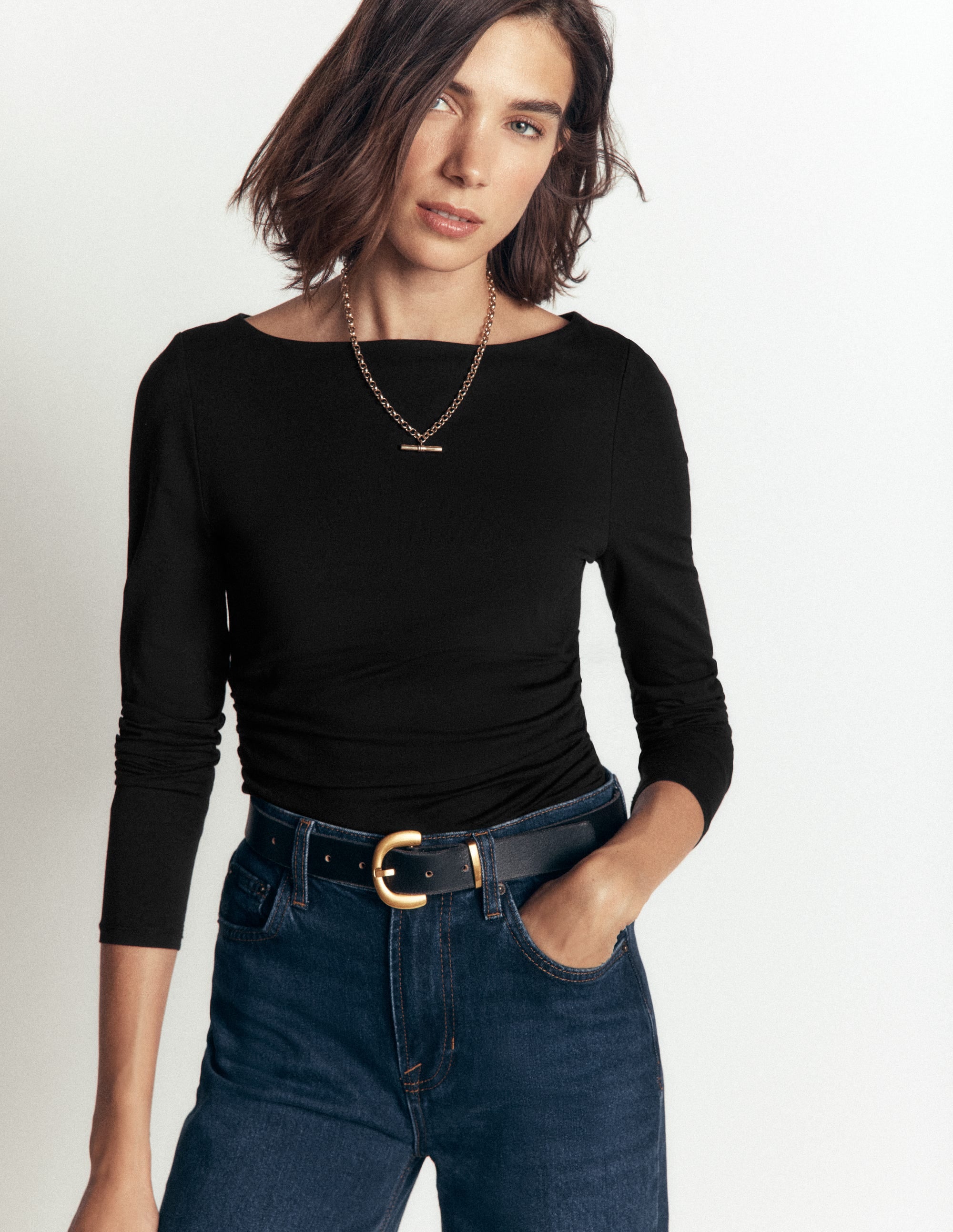 Ruched Long Sleeve Top-Black - Image 1