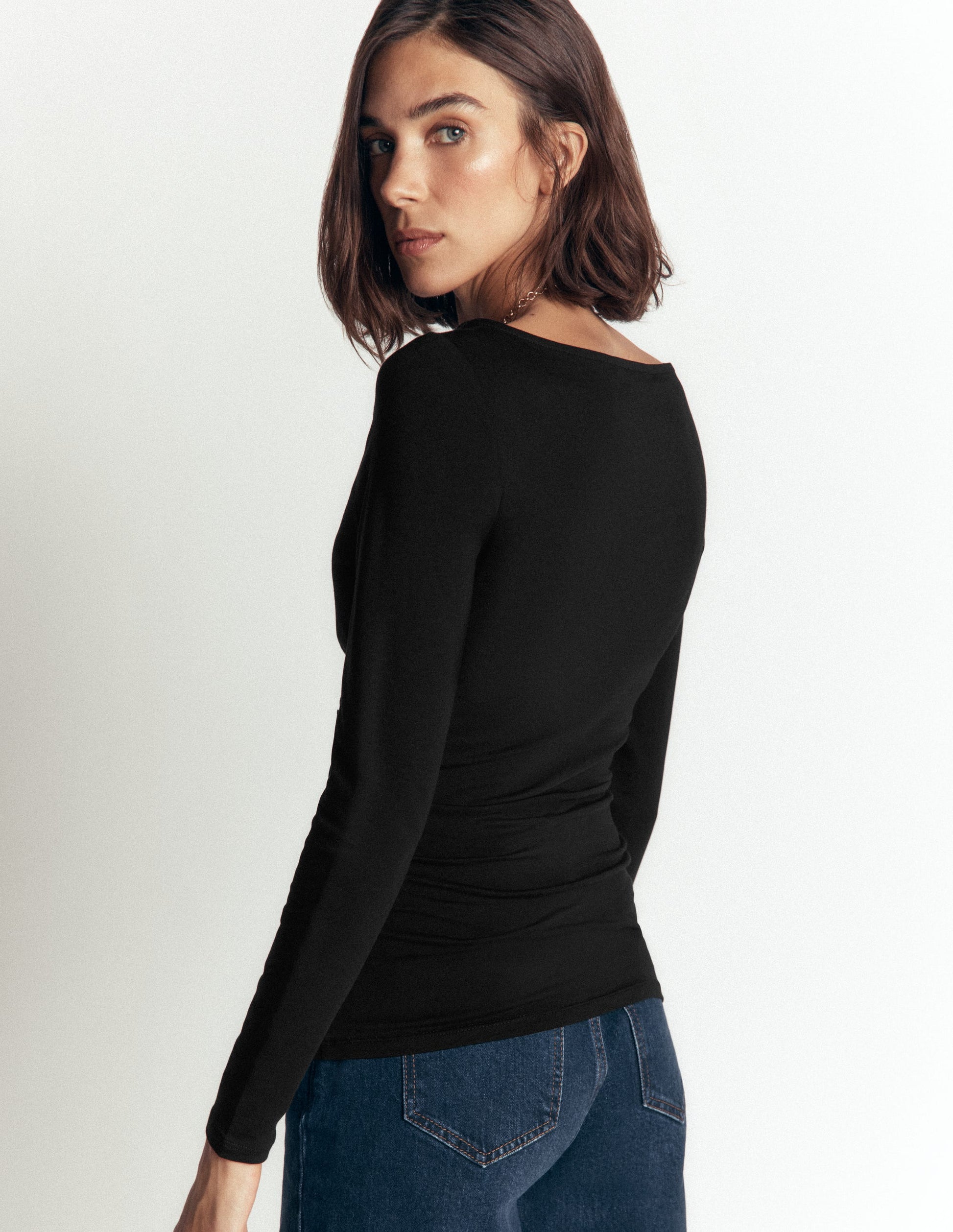 Ruched Long Sleeve Top-Black-3