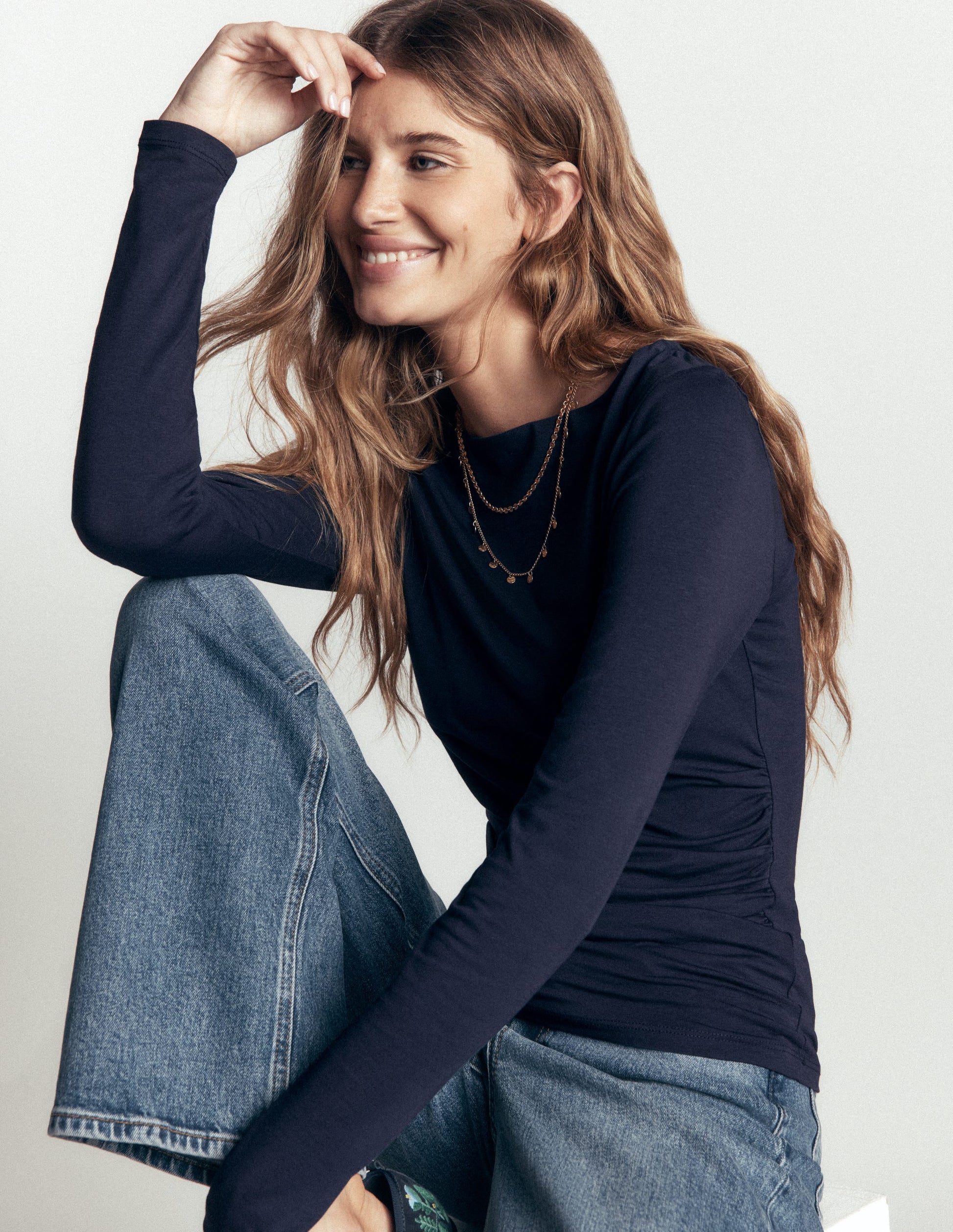 Ruched Long Sleeve Top-Navy-1