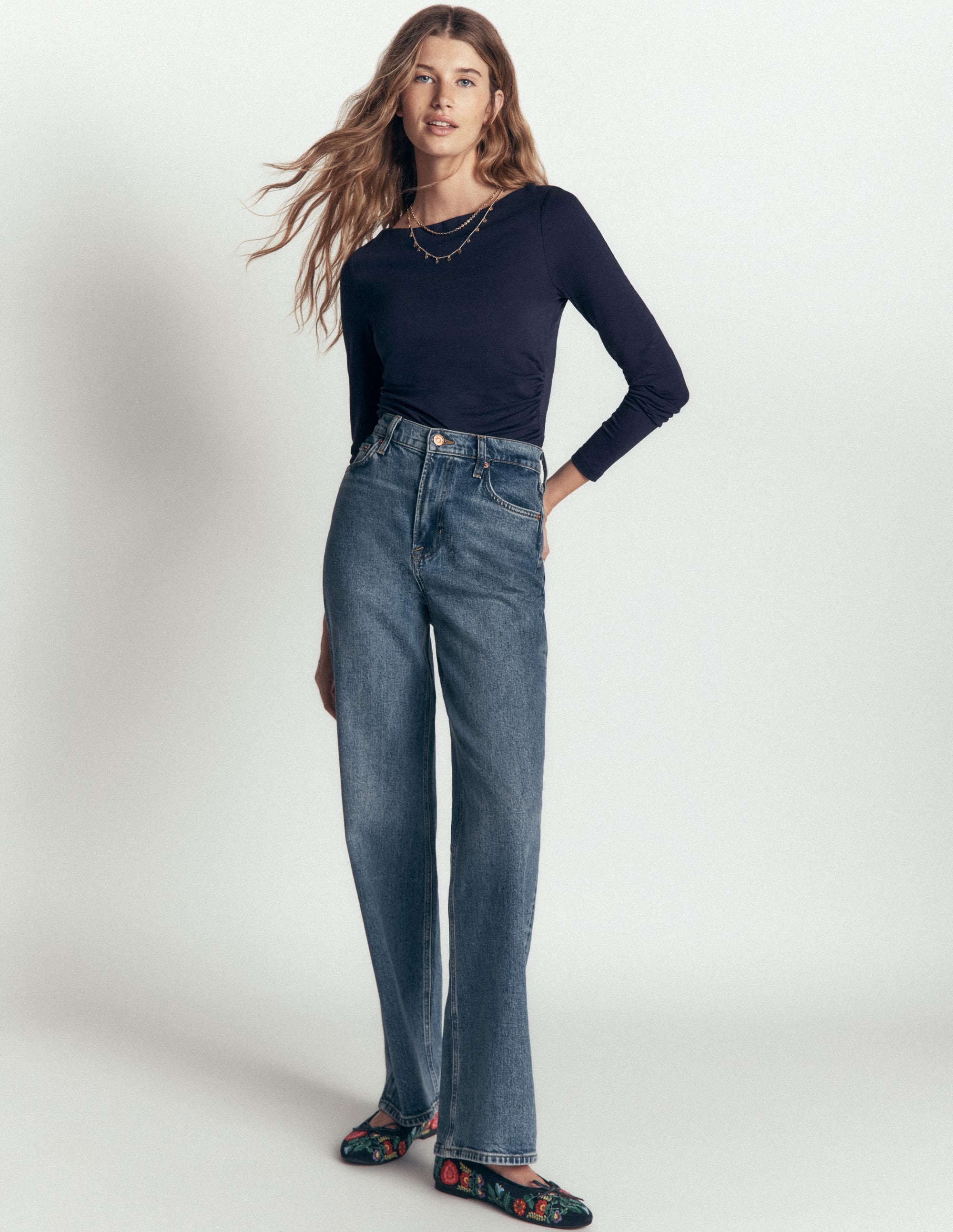 Ruched Long Sleeve Top-Navy - Image 4