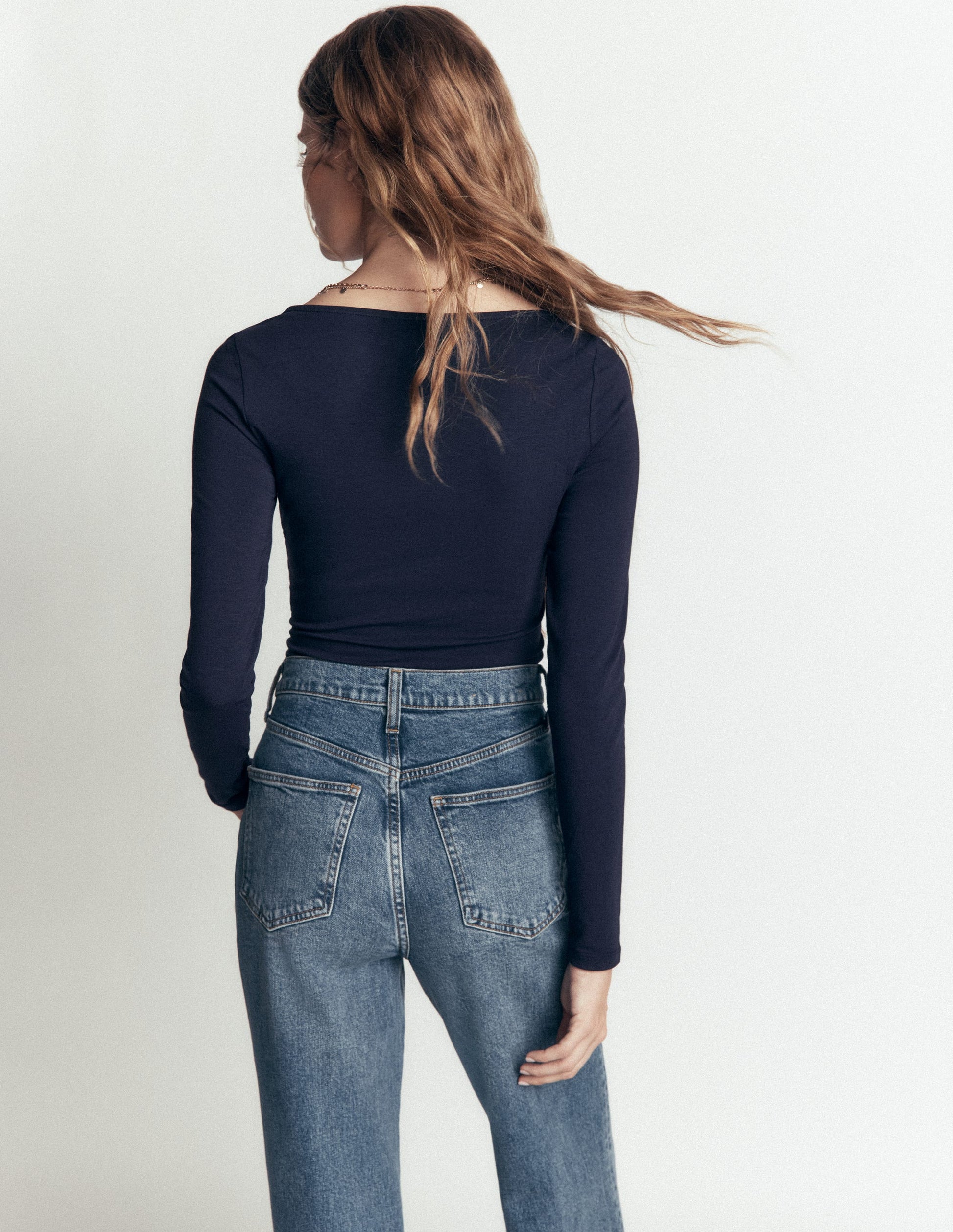Ruched Long Sleeve Top-Navy-6