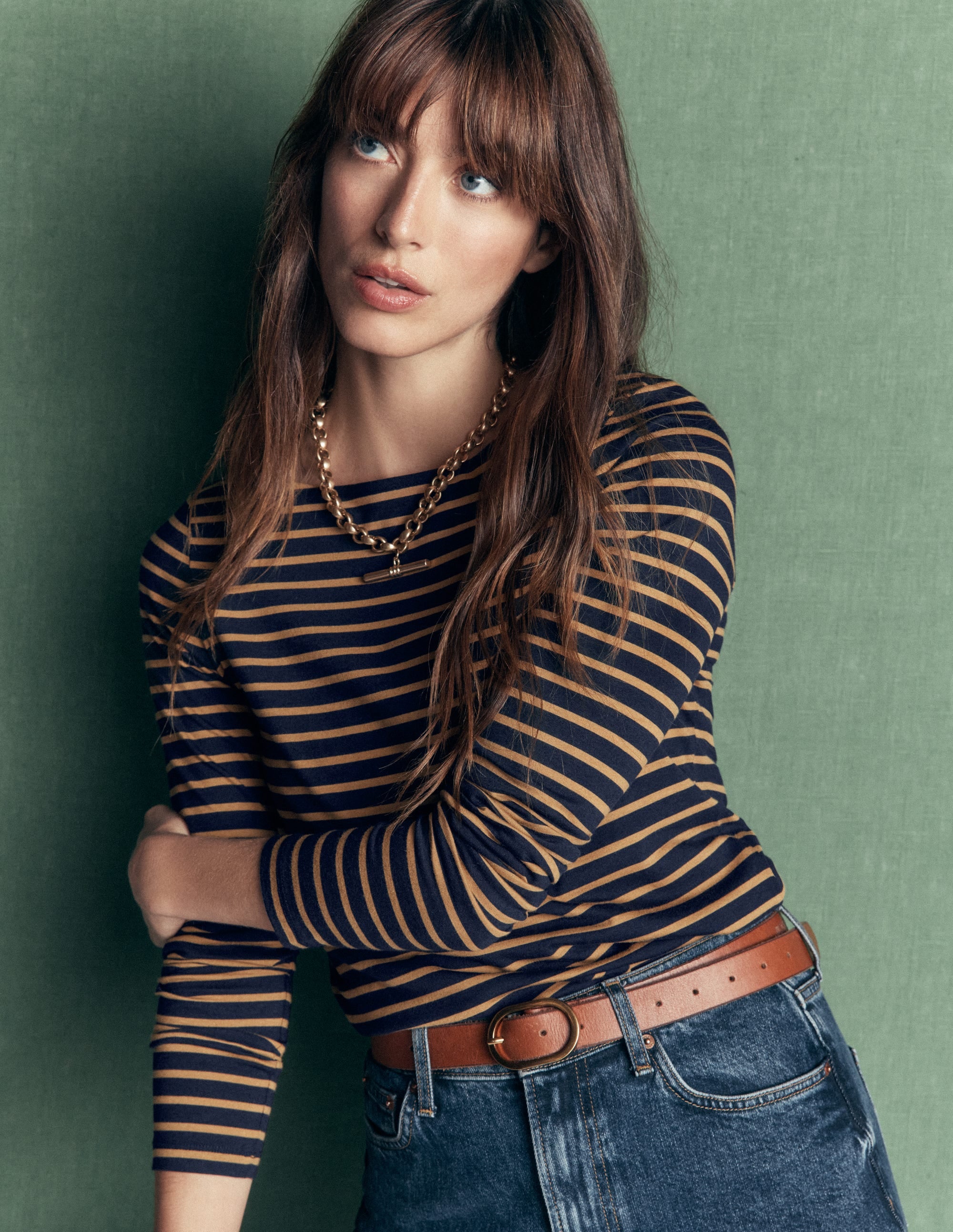 Supersoft Square Neck Top-Navy and Dijon Stripe - Image 2