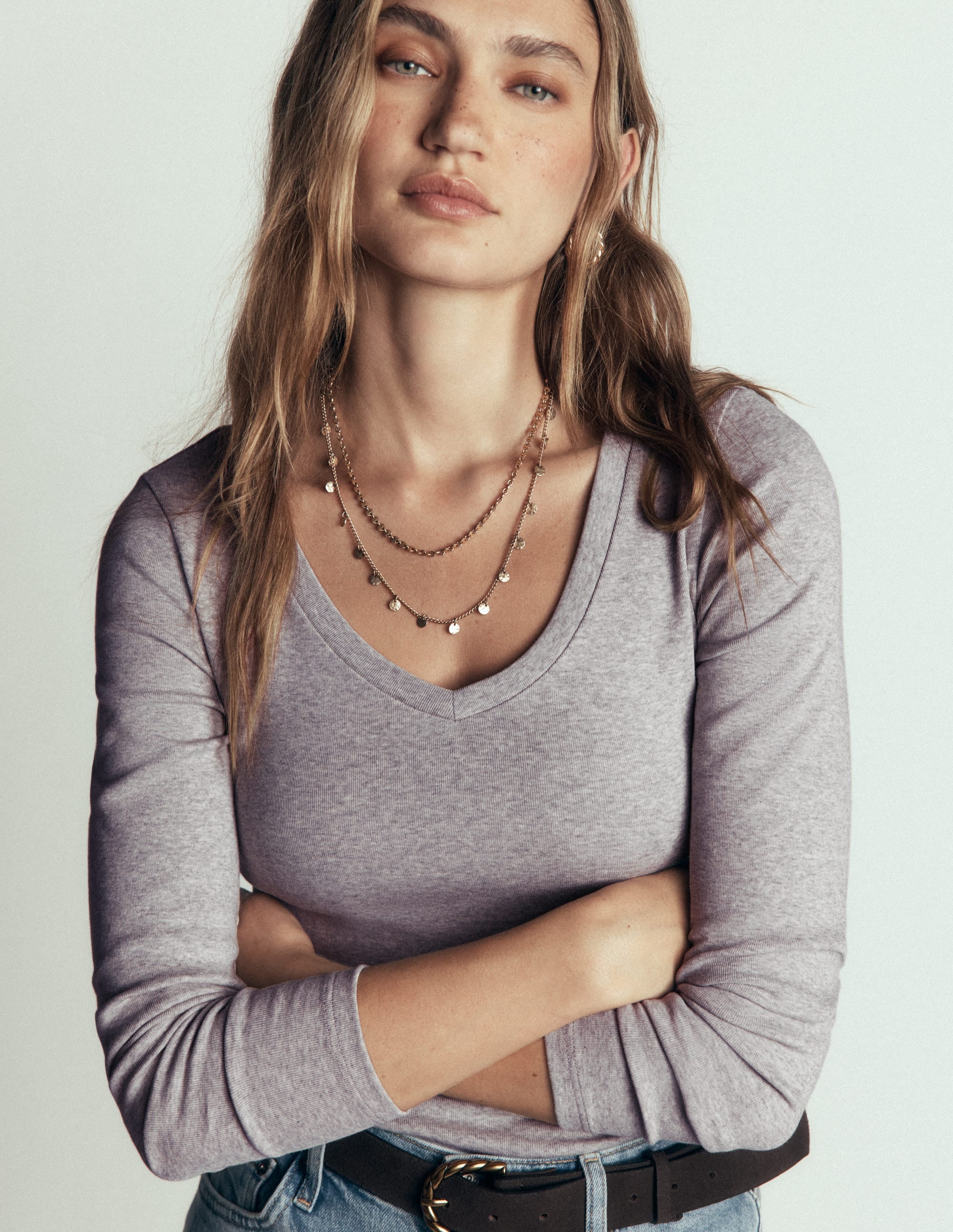 Essential V Neck Top-Grey Marl - Image 1