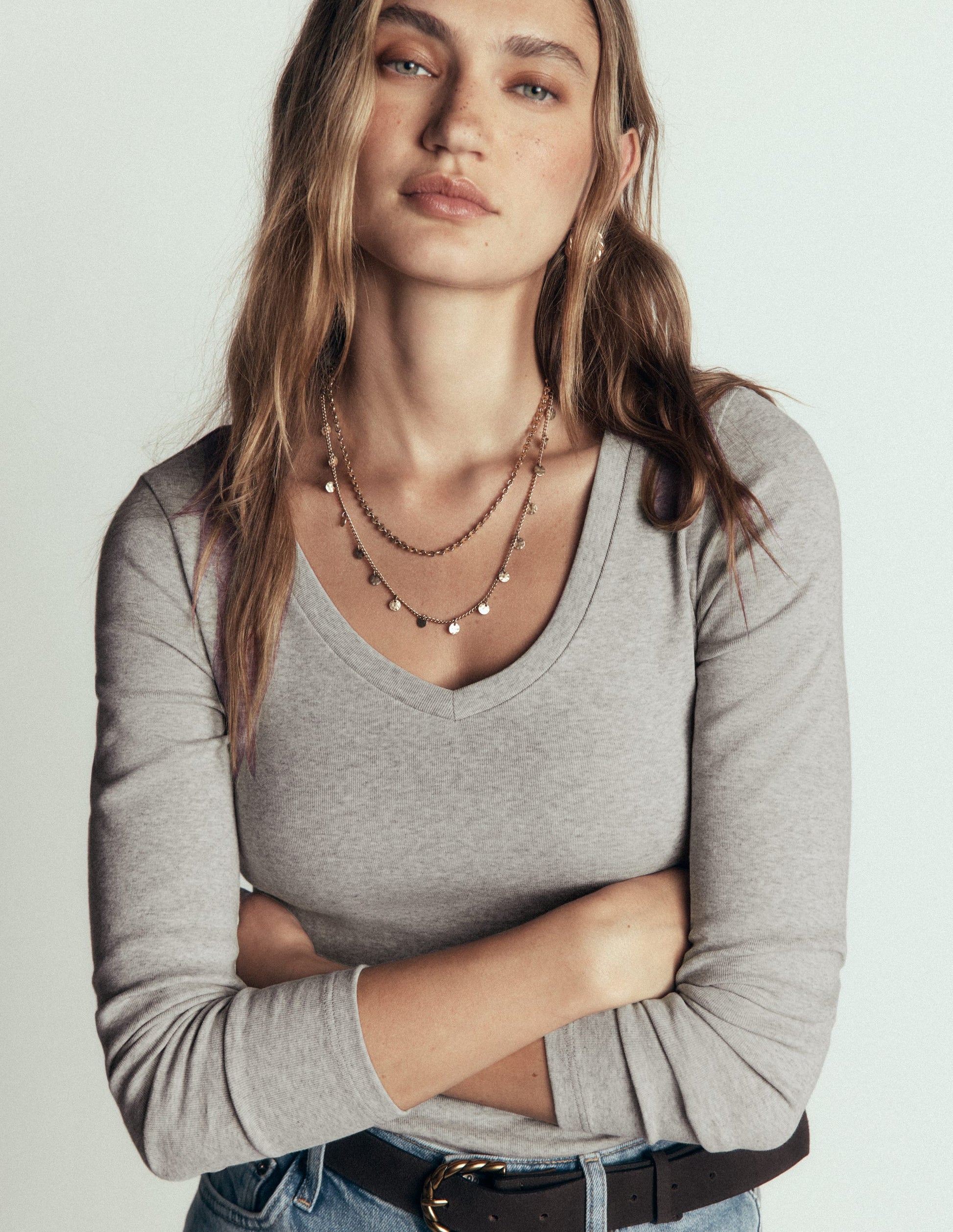 Annie Essential V Neck Top-Grey Marl-1