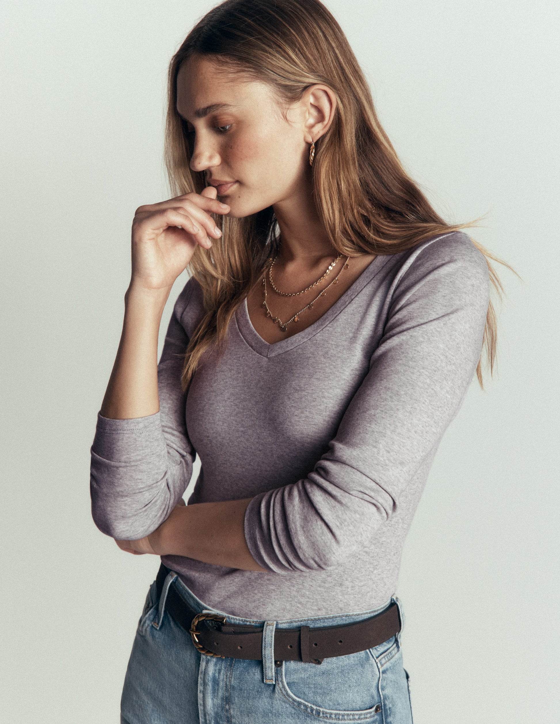Essential V Neck Top-Grey Marl-4