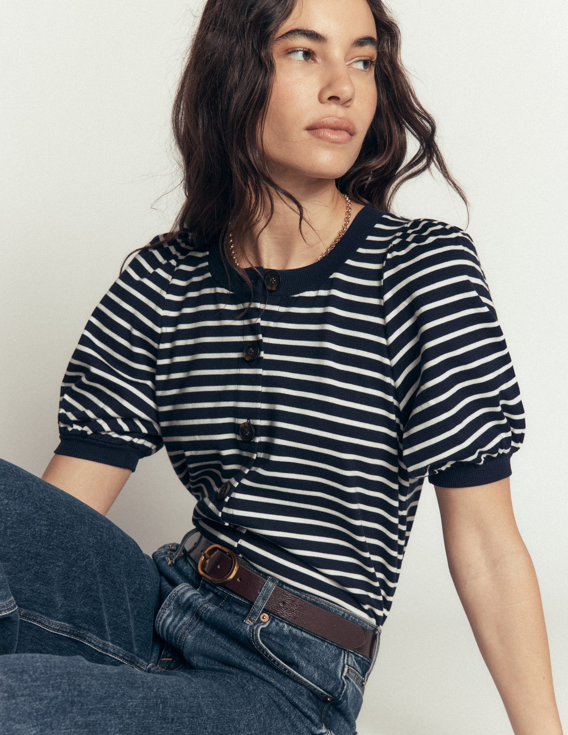 Button-through Full Sleeve Top-Navy and Ivory Stripe-1