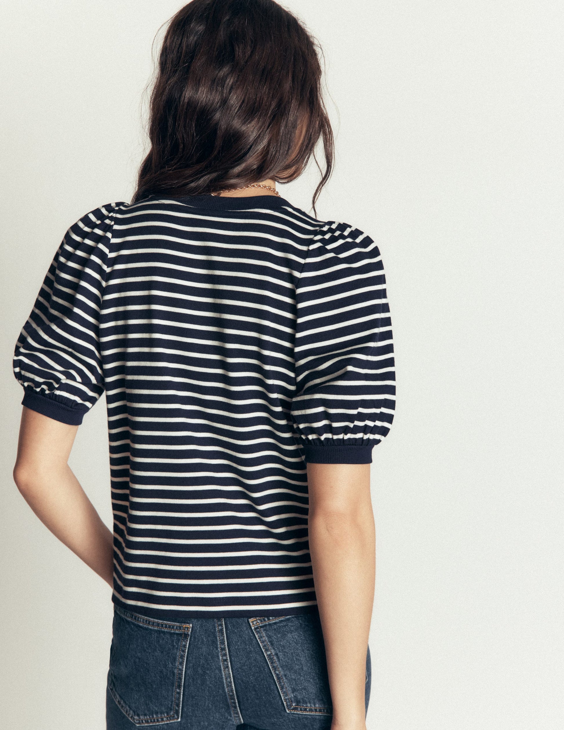 Button-through Full Sleeve Top-Navy and Ivory Stripe-3