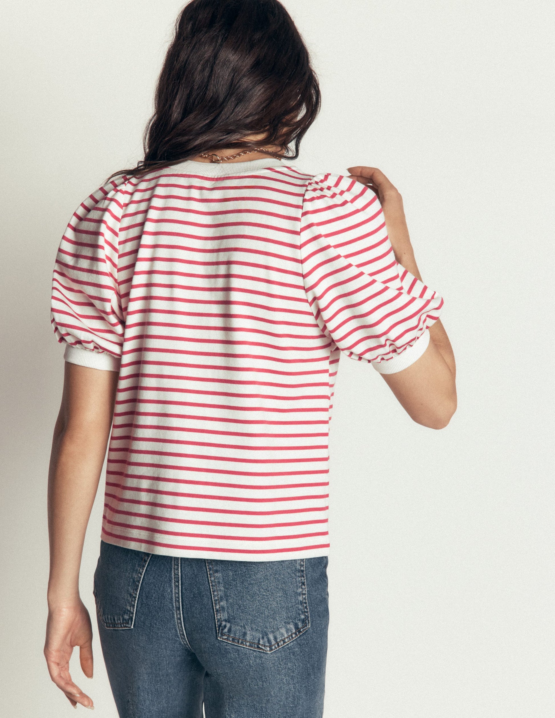 Button-through Full Sleeve Top-Ivory and Hollyberry Stripe-3