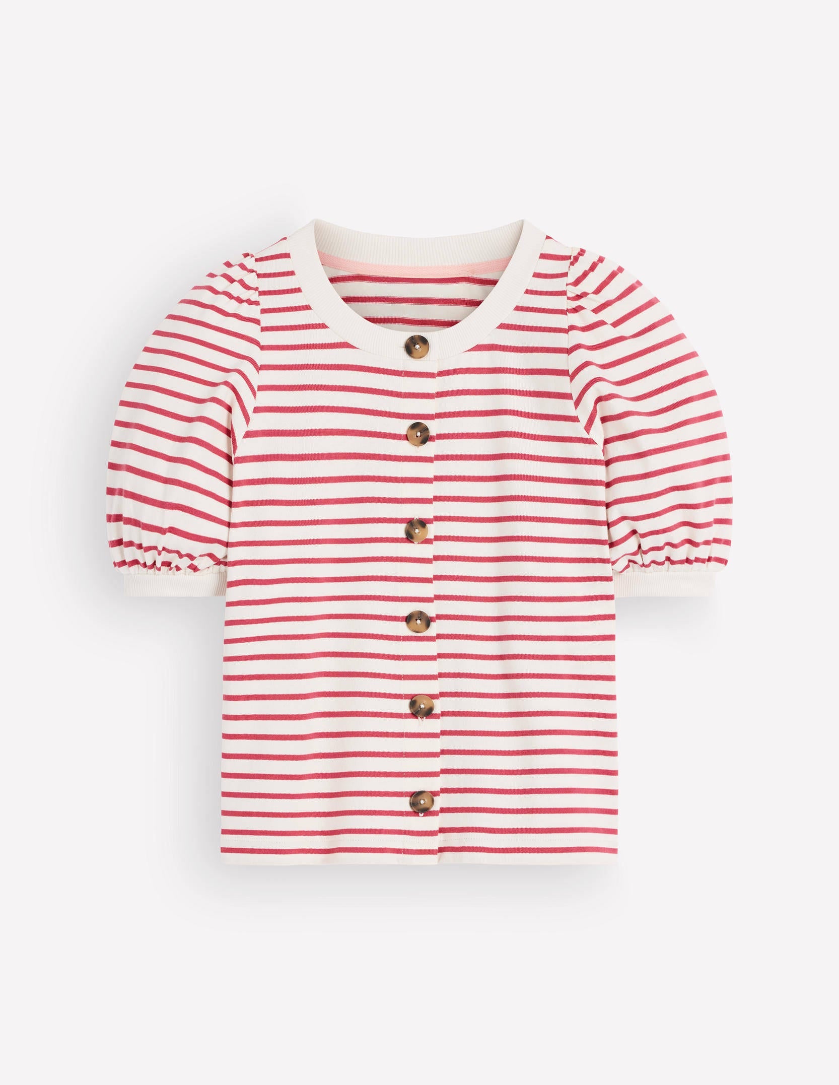 Button-through Full Sleeve Top-Ivory and Hollyberry Stripe-6
