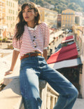 Button-through Puff Sleeve Top-Ivory and Hollyberry Stripe