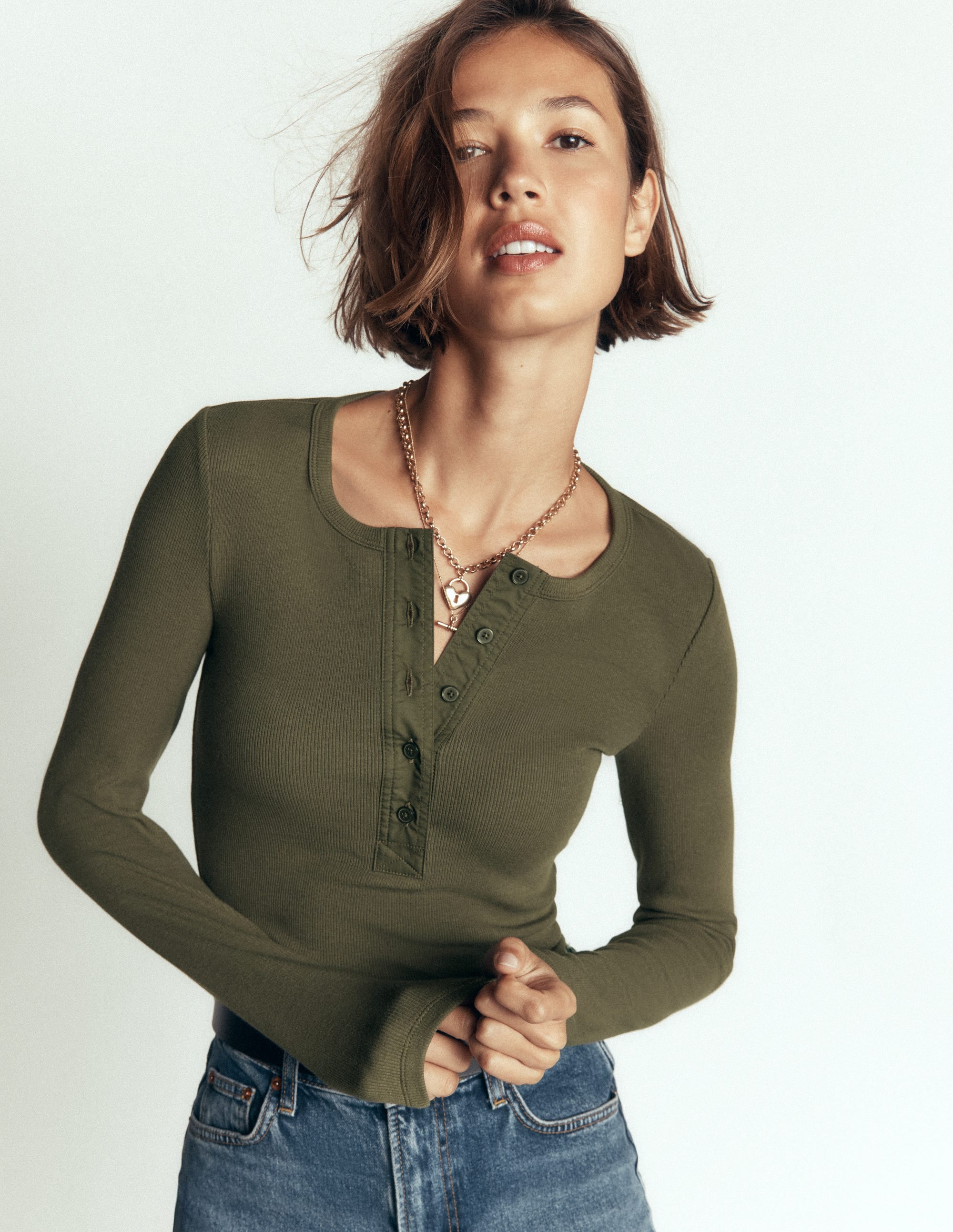 Ribbed Long Sleeve Henley-Falcon Green - Image 5