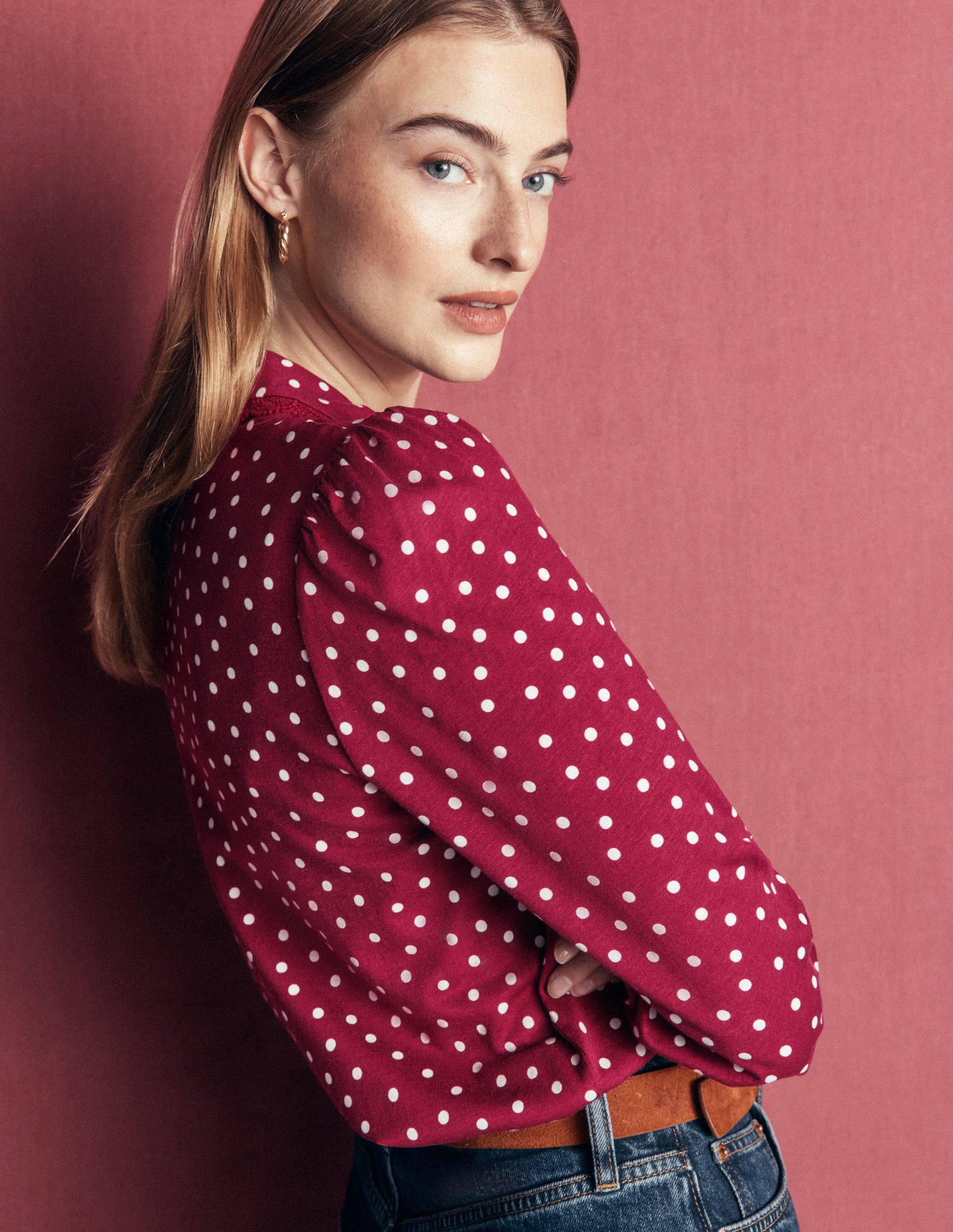 Lace Frill Blouse-Ruby Red, Boden Spot-5