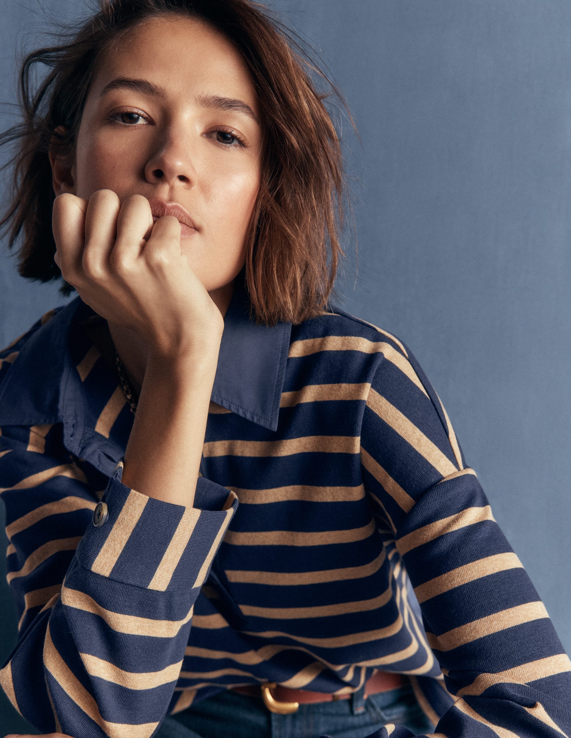 Collar Button Striped Breton-Navy and Camel Stripe - Image 2