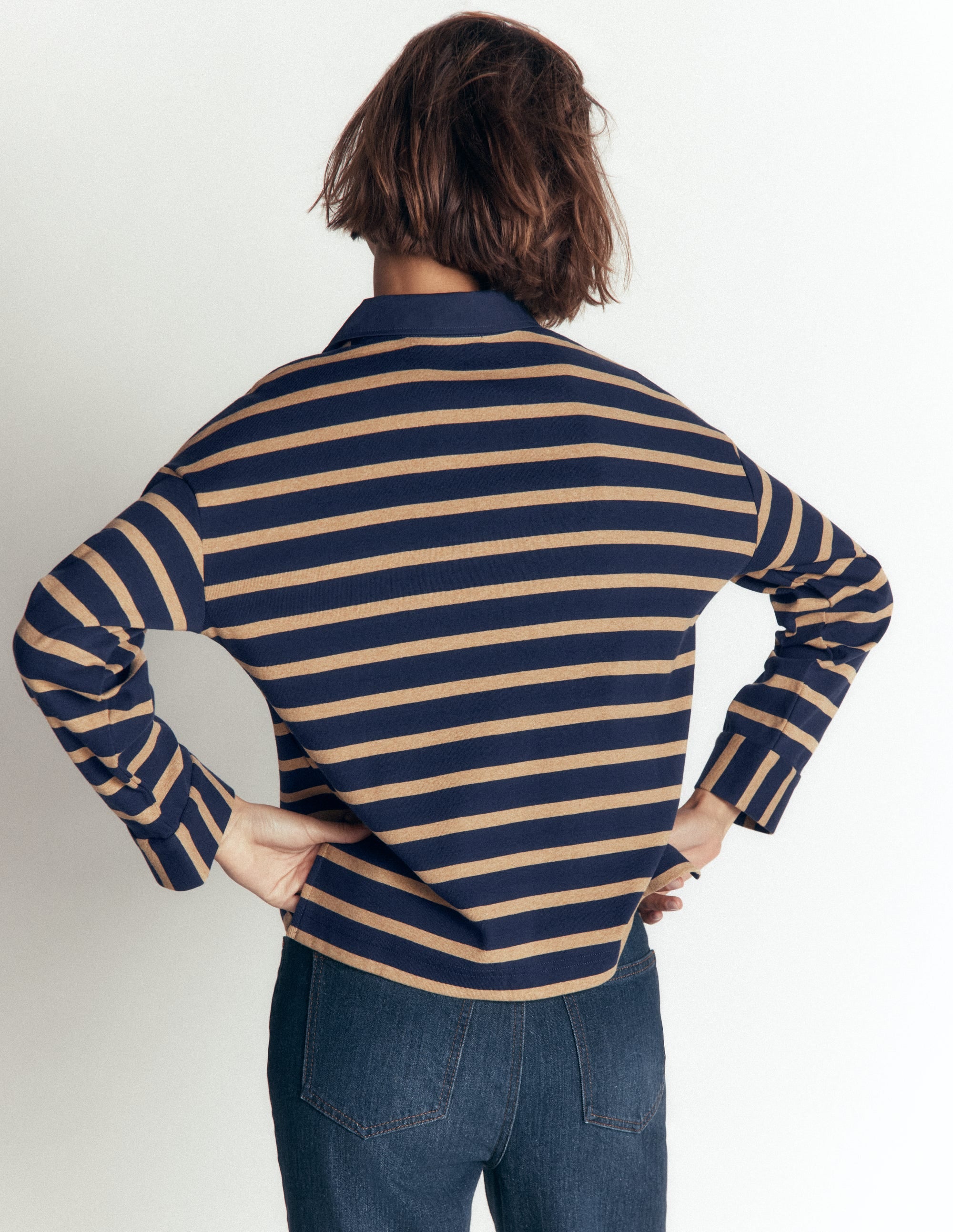Collar Button Striped Breton-Navy and Camel Stripe - Image 3