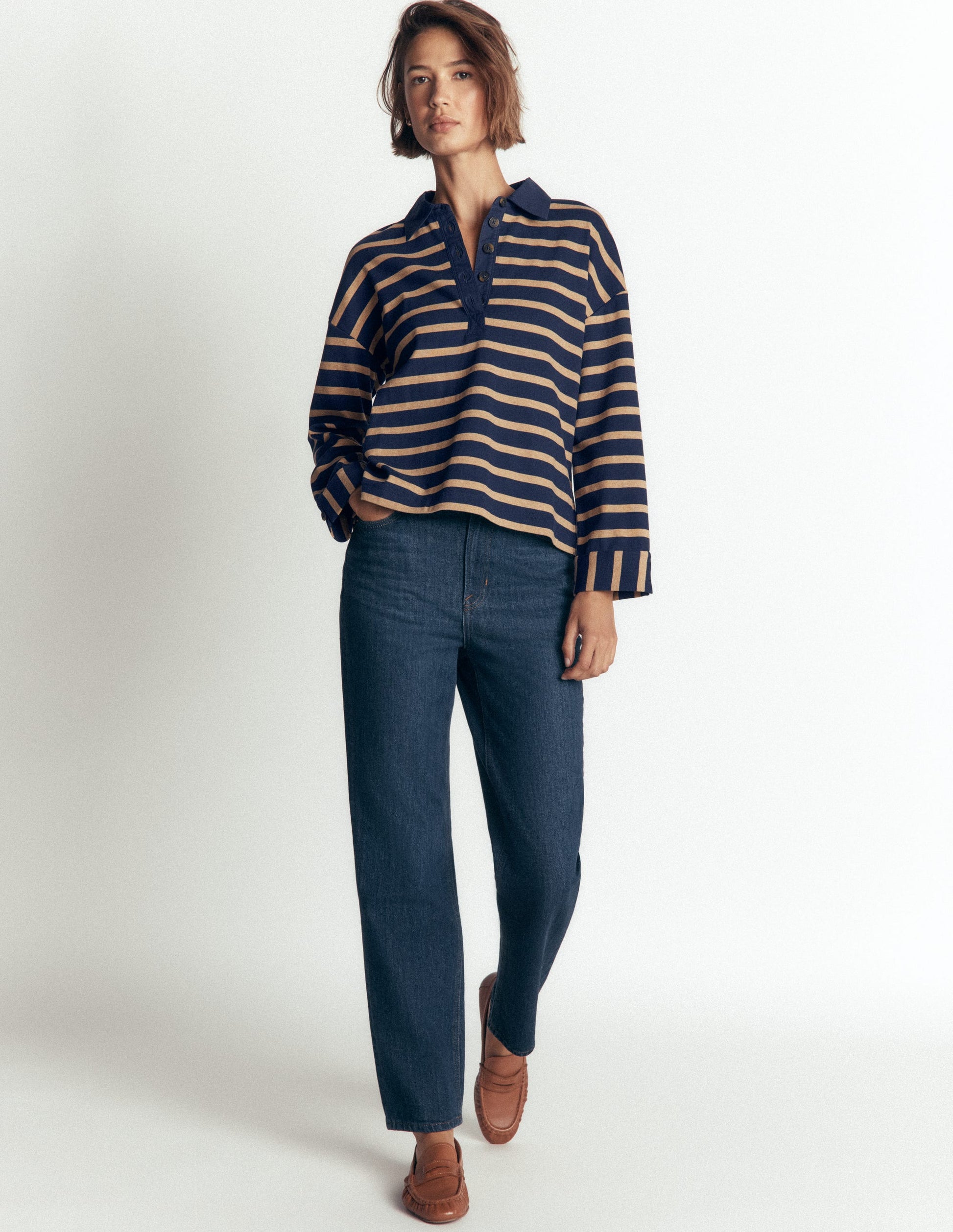 Collar Button Striped Breton-Navy and Camel Stripe-4