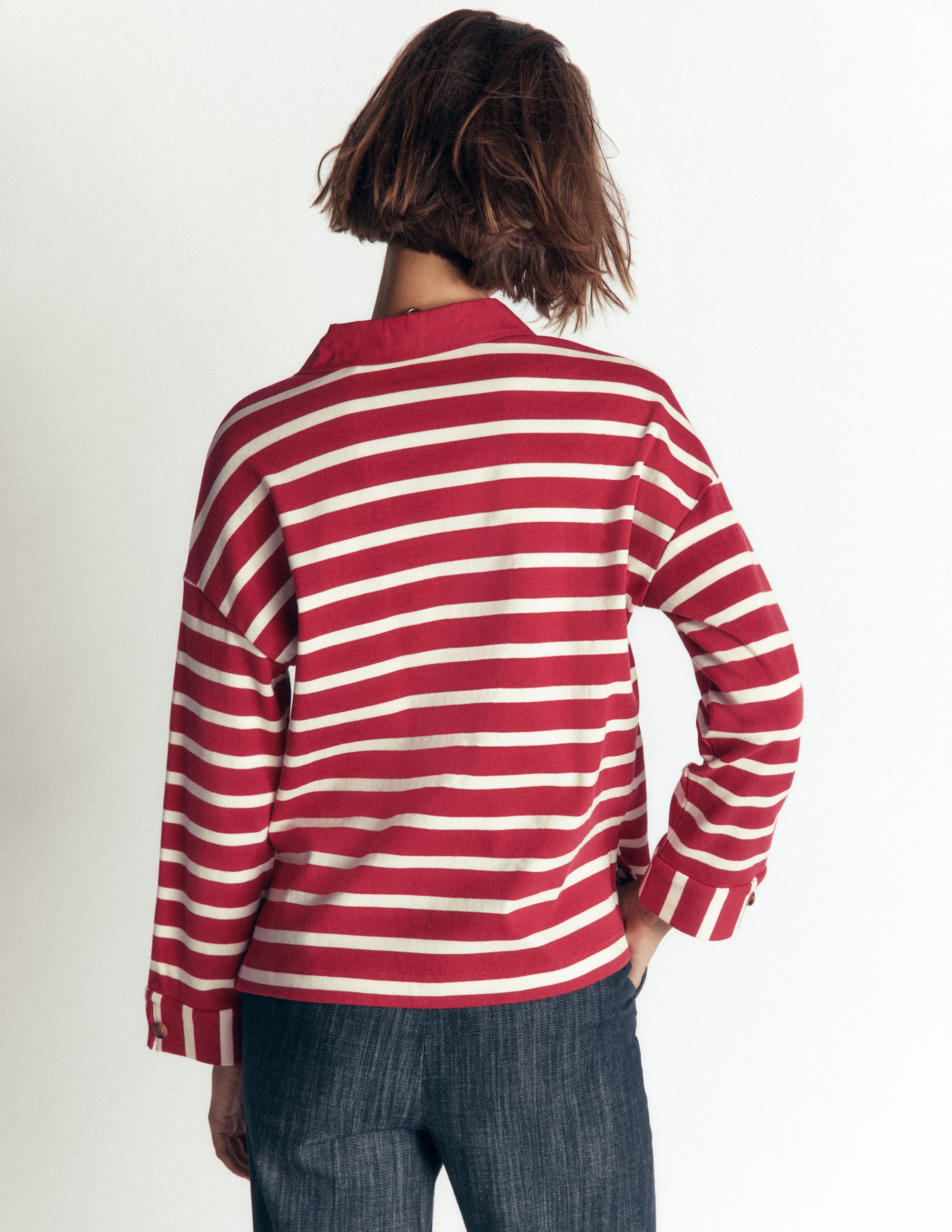 Collar Button Striped Breton-Garnet and Ivory Stripe - Image 4