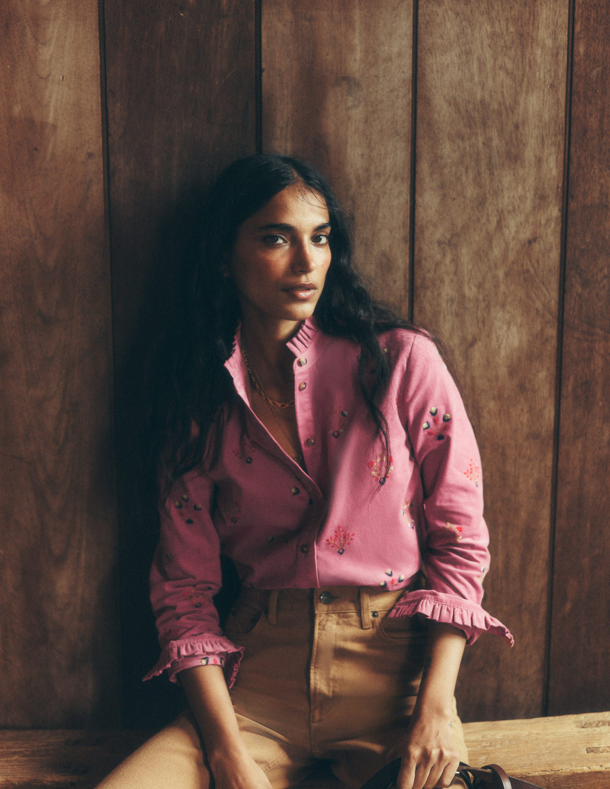 Sienna Frill Cord Shirt-Pink Heather, Embroidered - Image 5