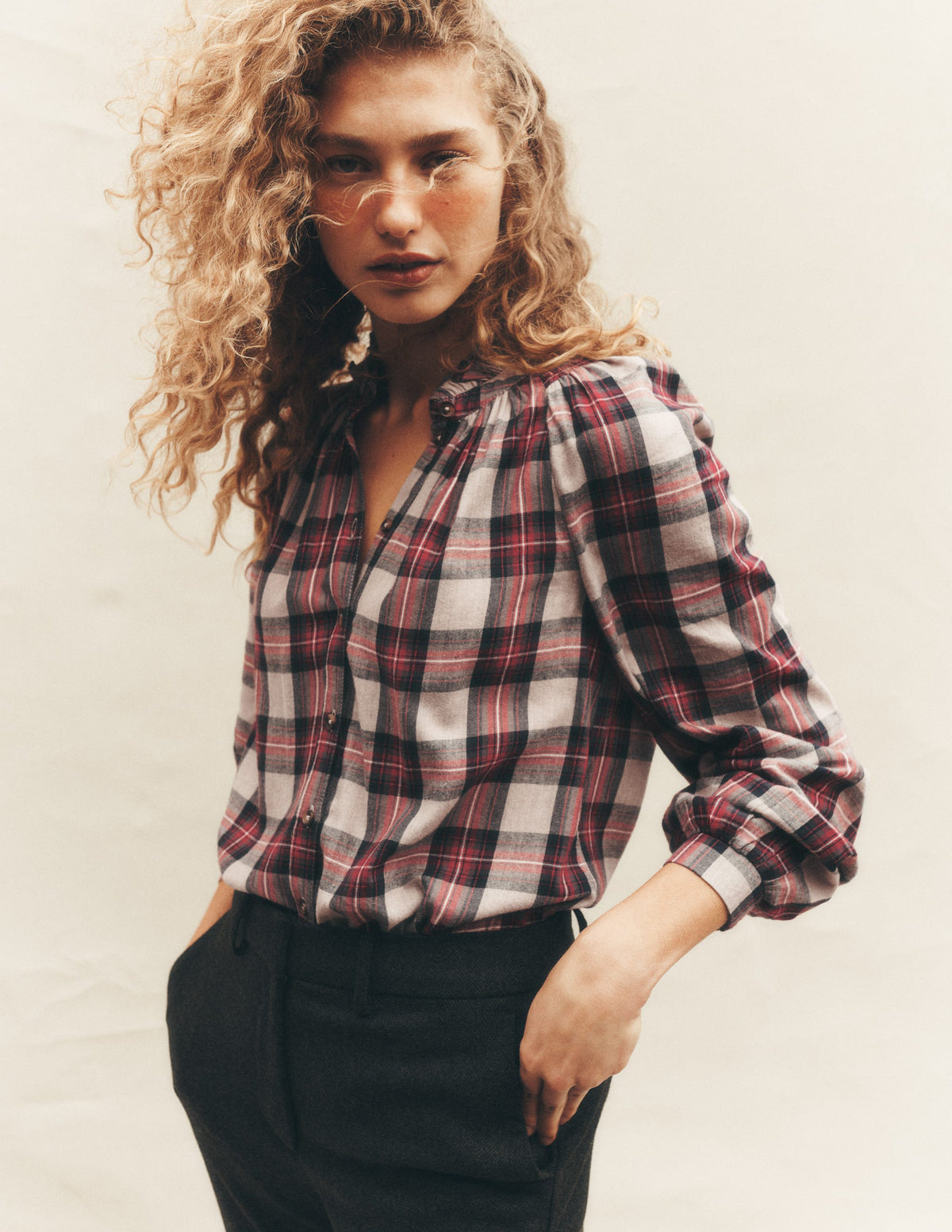 Erica Frill  Check Top-Oatmeal, Navy and Red Check-1