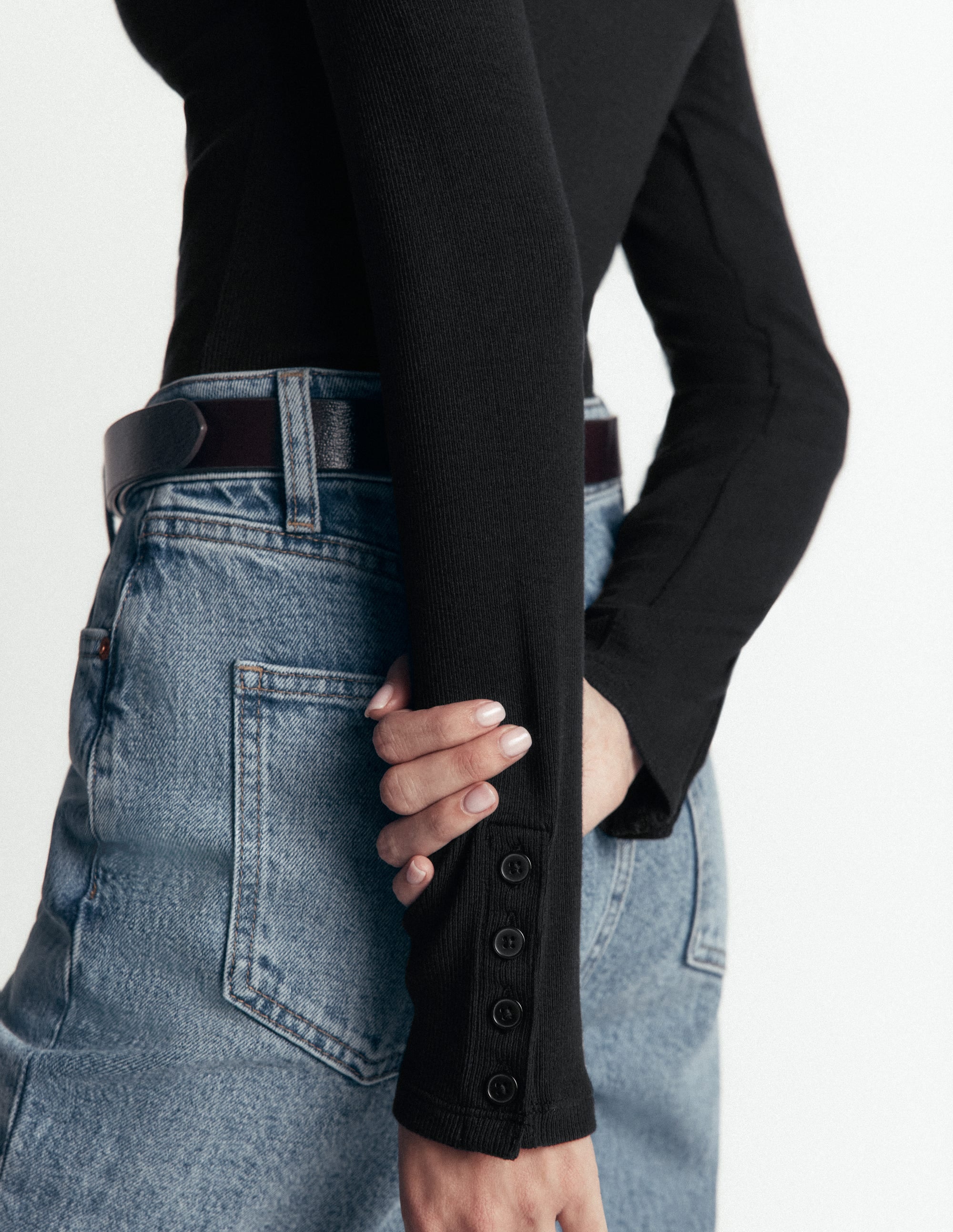 Button Cuff Ribbed Boatneck-Black - Image 2