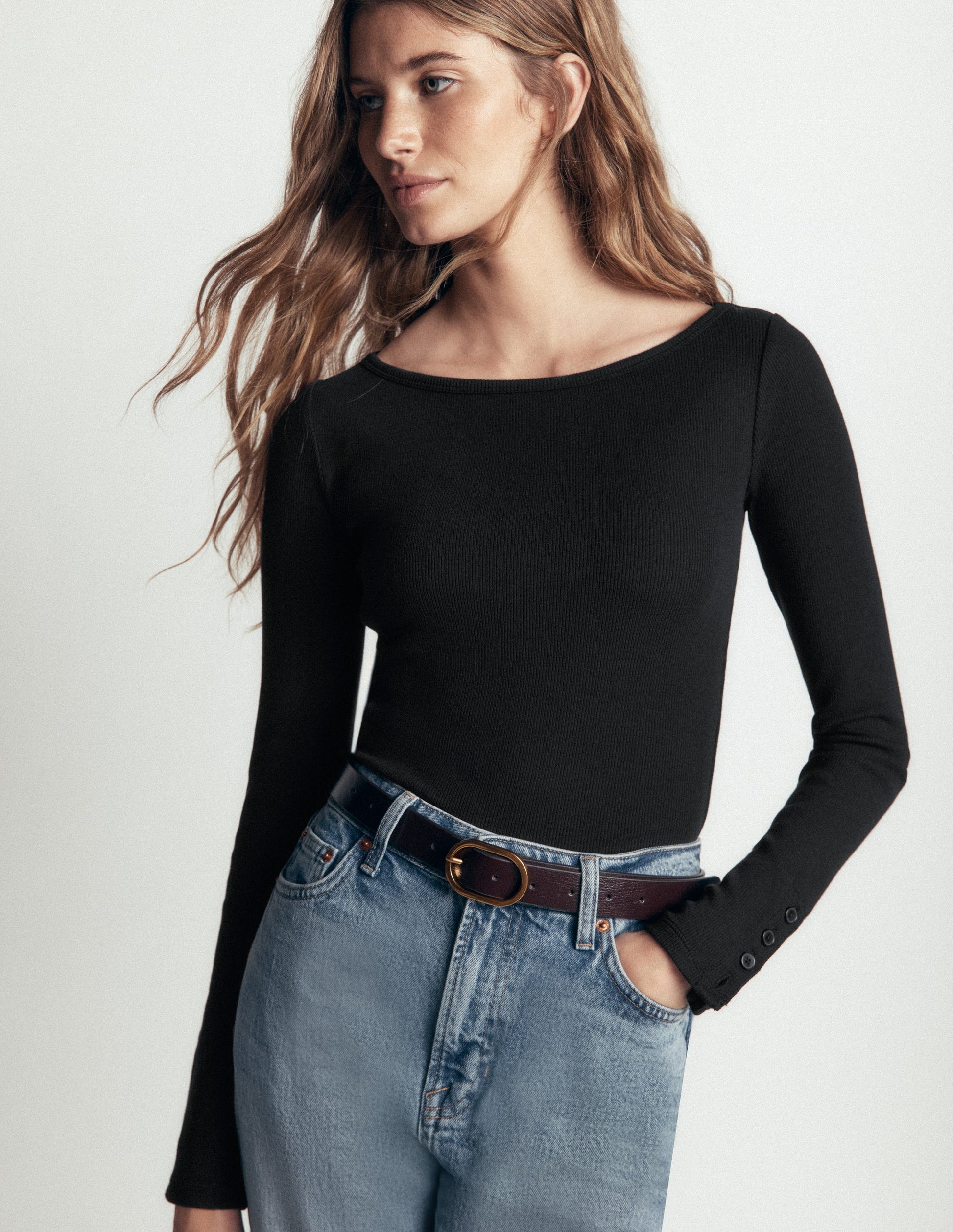 Button Cuff Ribbed Boatneck-Black-4