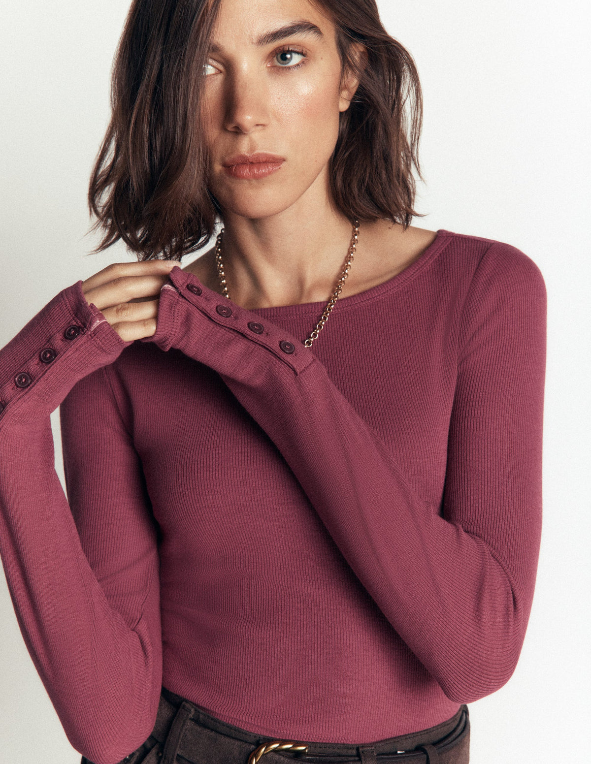 Button Cuff Ribbed Boatneck-Maroon-1