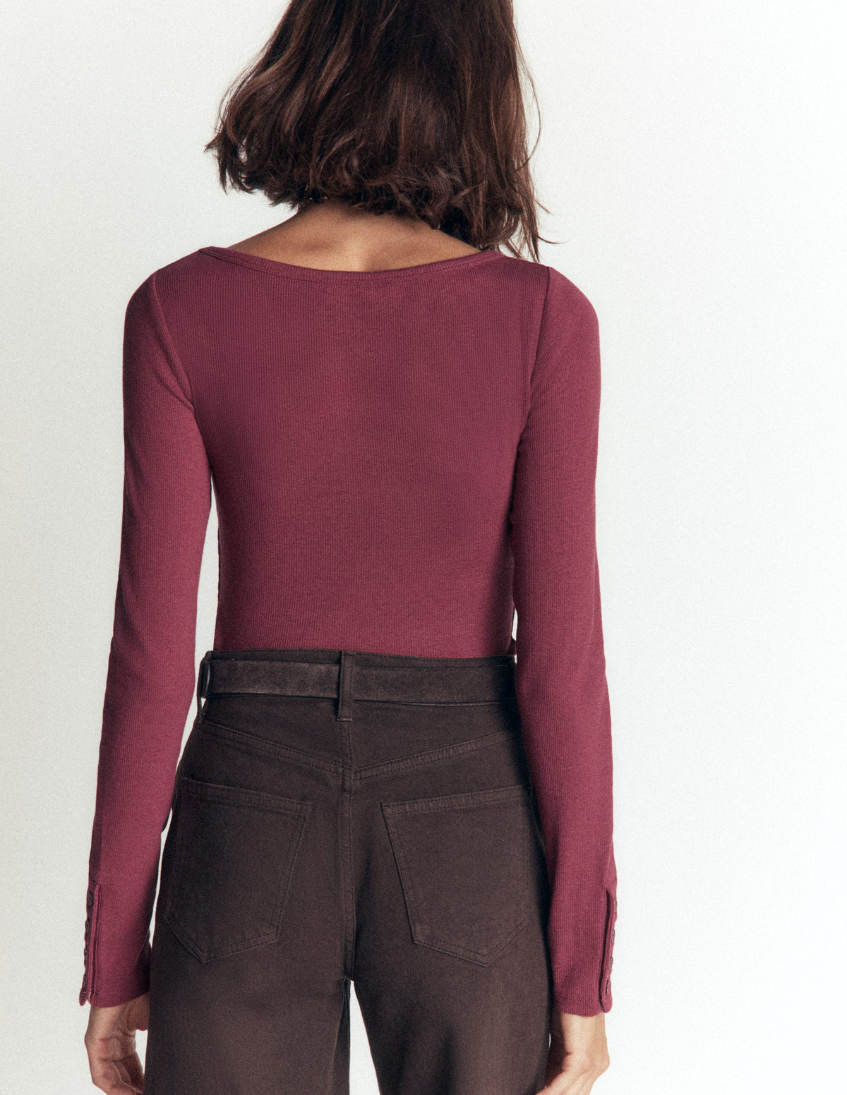 Button Cuff Ribbed Boatneck-Maroon-3