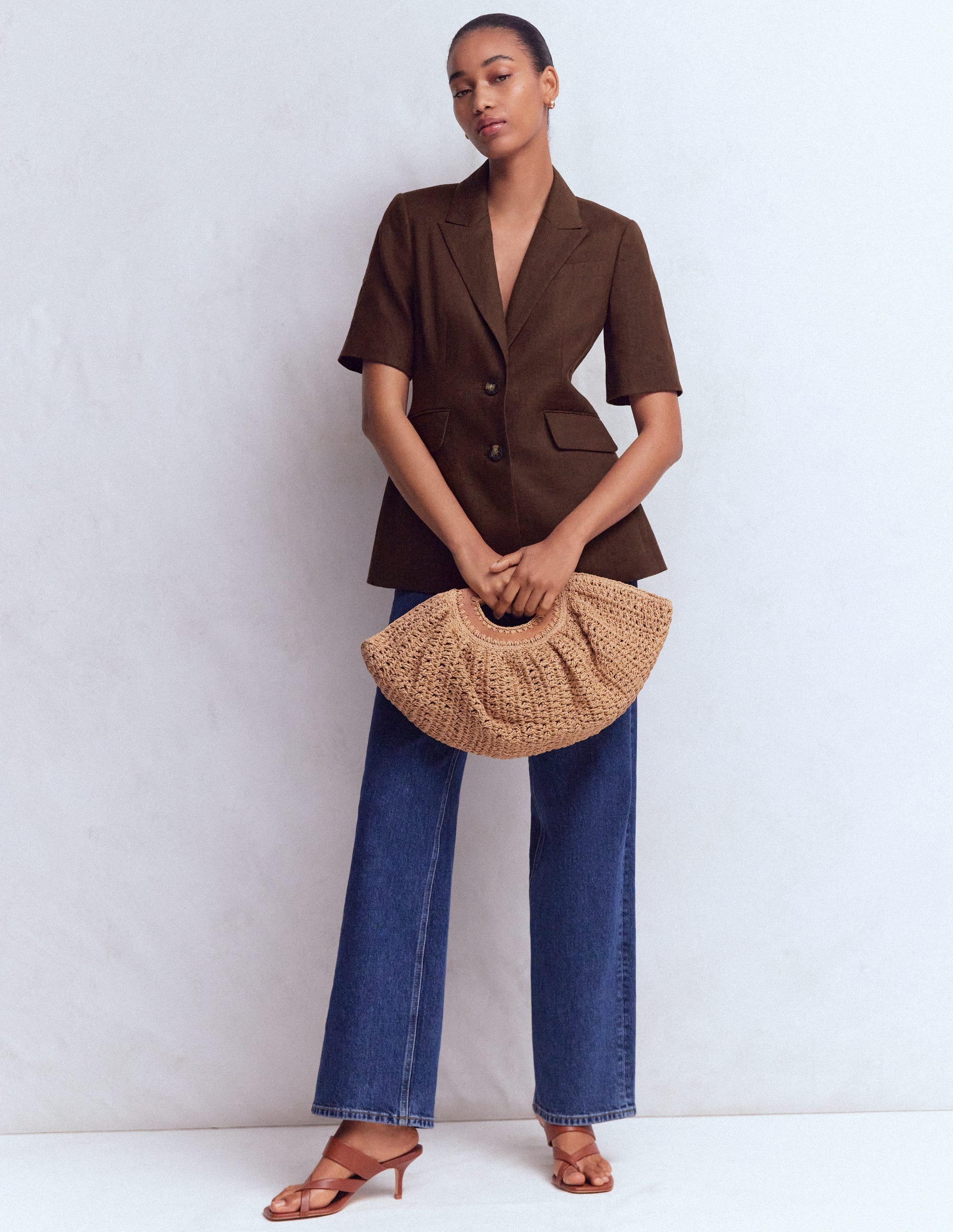 Short Sleeve Linen Blazer-Bitter Chocolate - Image 1
