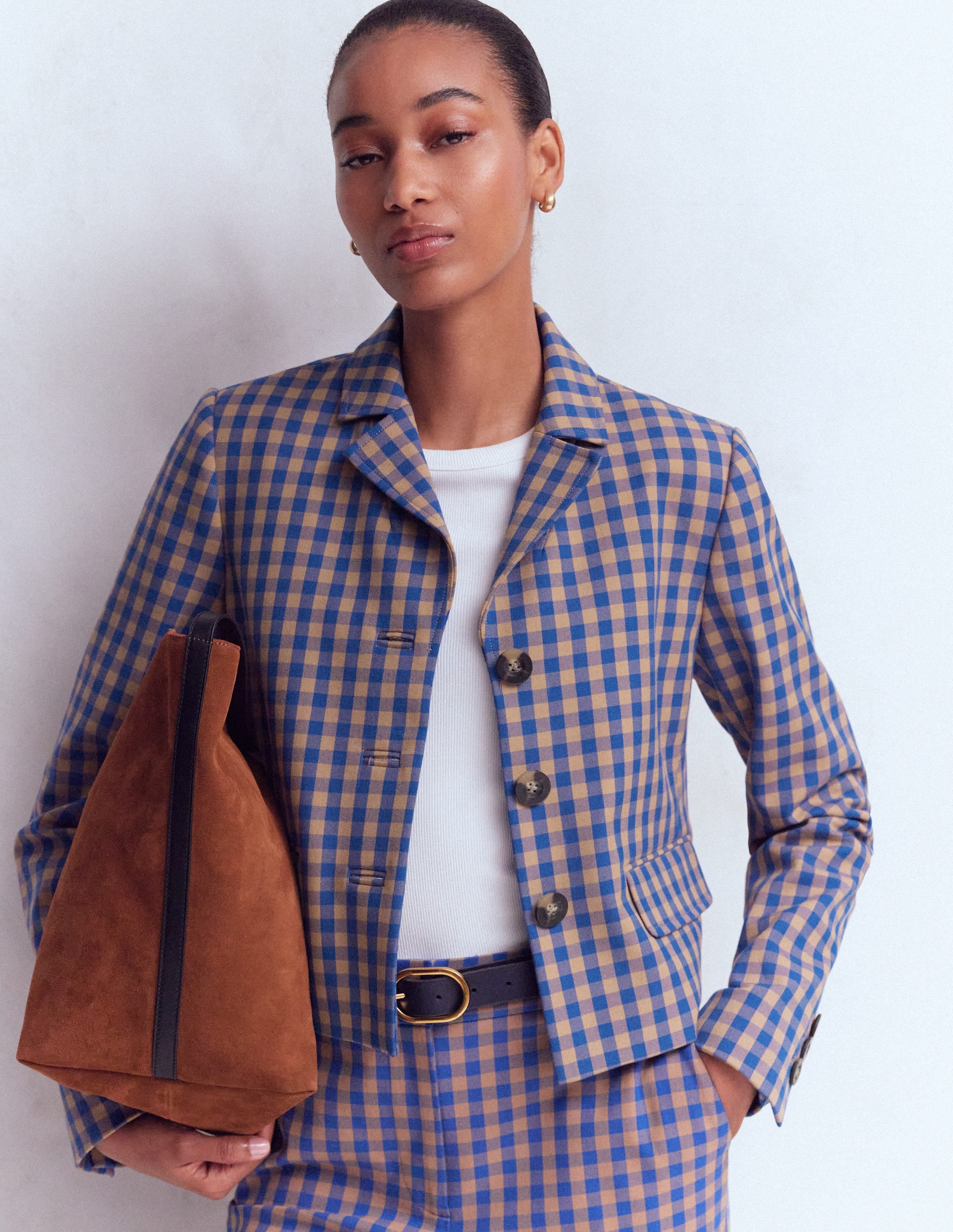 Dartmouth Cotton Blazer-Camel, Blue Gingham - Image 1