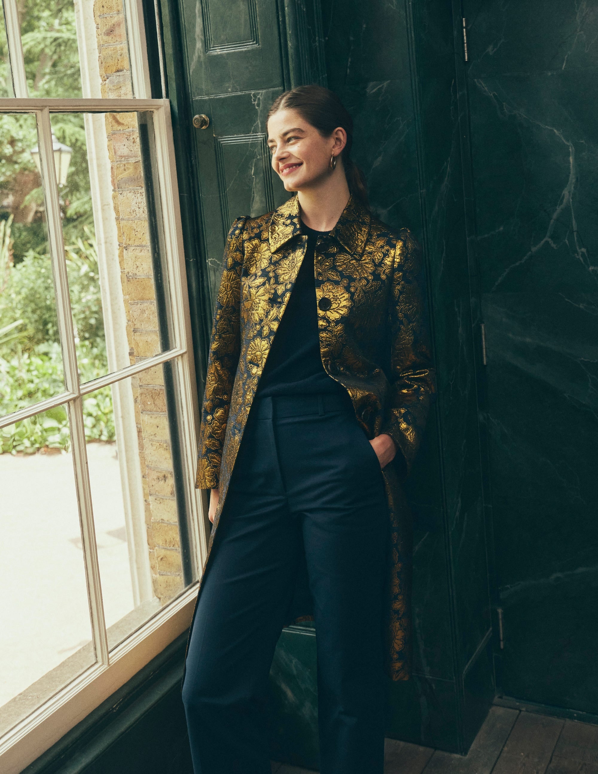 Aylesford Jacquard Coat-Gold Floral Jacquard - Image 1