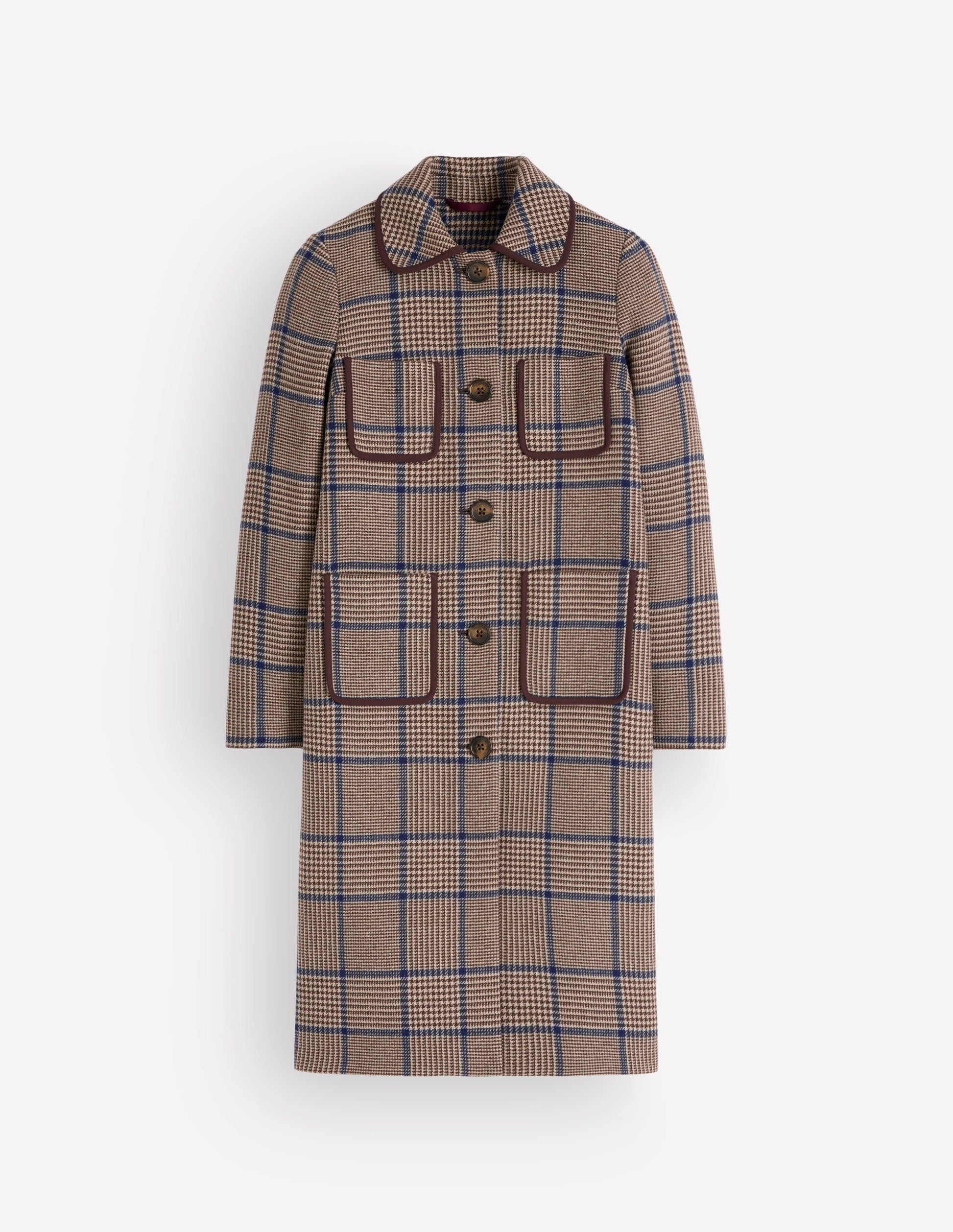 Patch Pocket Wool Blend Coat-Maroon, Teal Prince of Wales-6