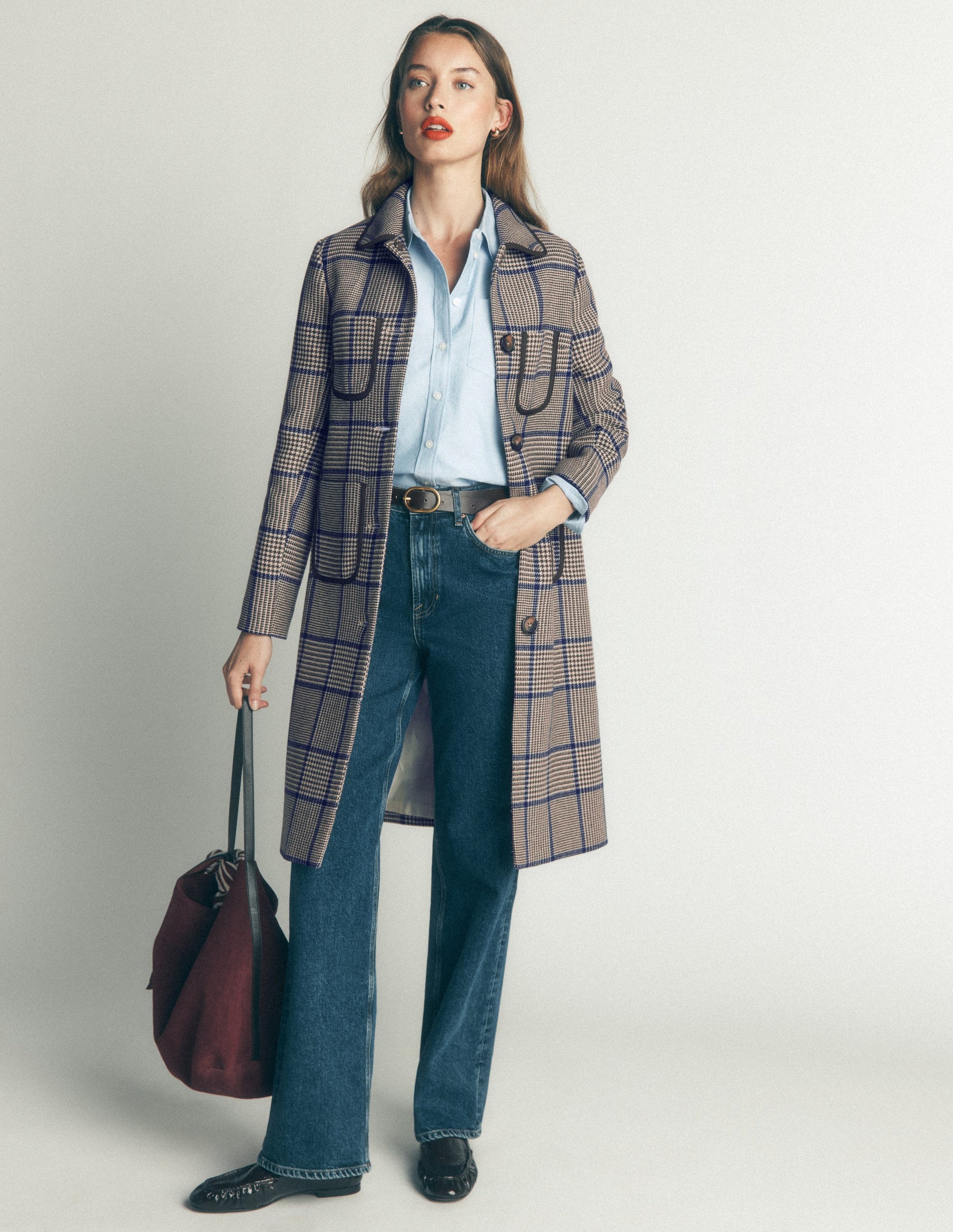 Patch Pocket Wool Blend Coat-Maroon, Teal Prince of Wales-4