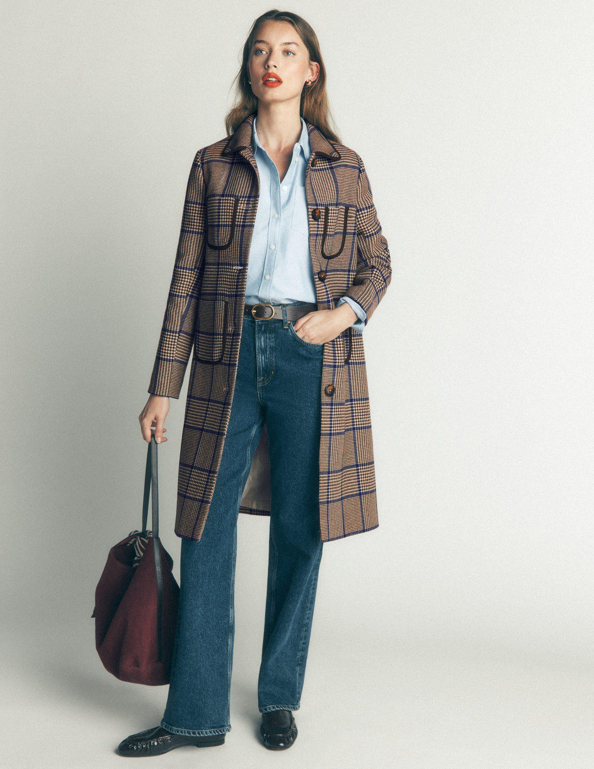 Patch Pocket Wool Blend Coat-Maroon, Teal Prince of Wales - Image 1